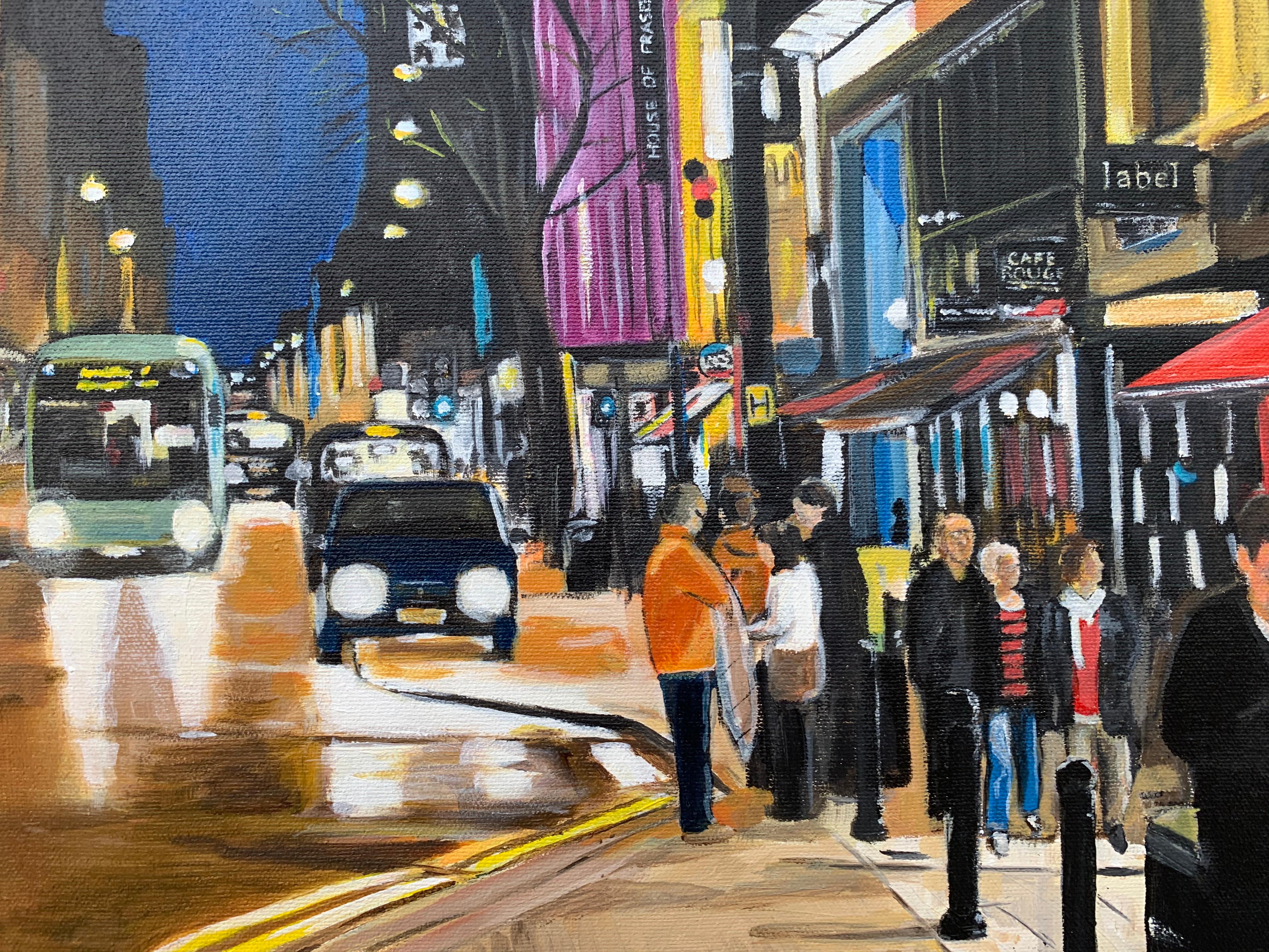 Deansgate in the Rain Manchester City Street Scene England by British Artist - Contemporary Painting by Angela Wakefield