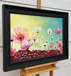 Design Study of Wild Pink & White Flowers on a Yellow & Turquoise Background