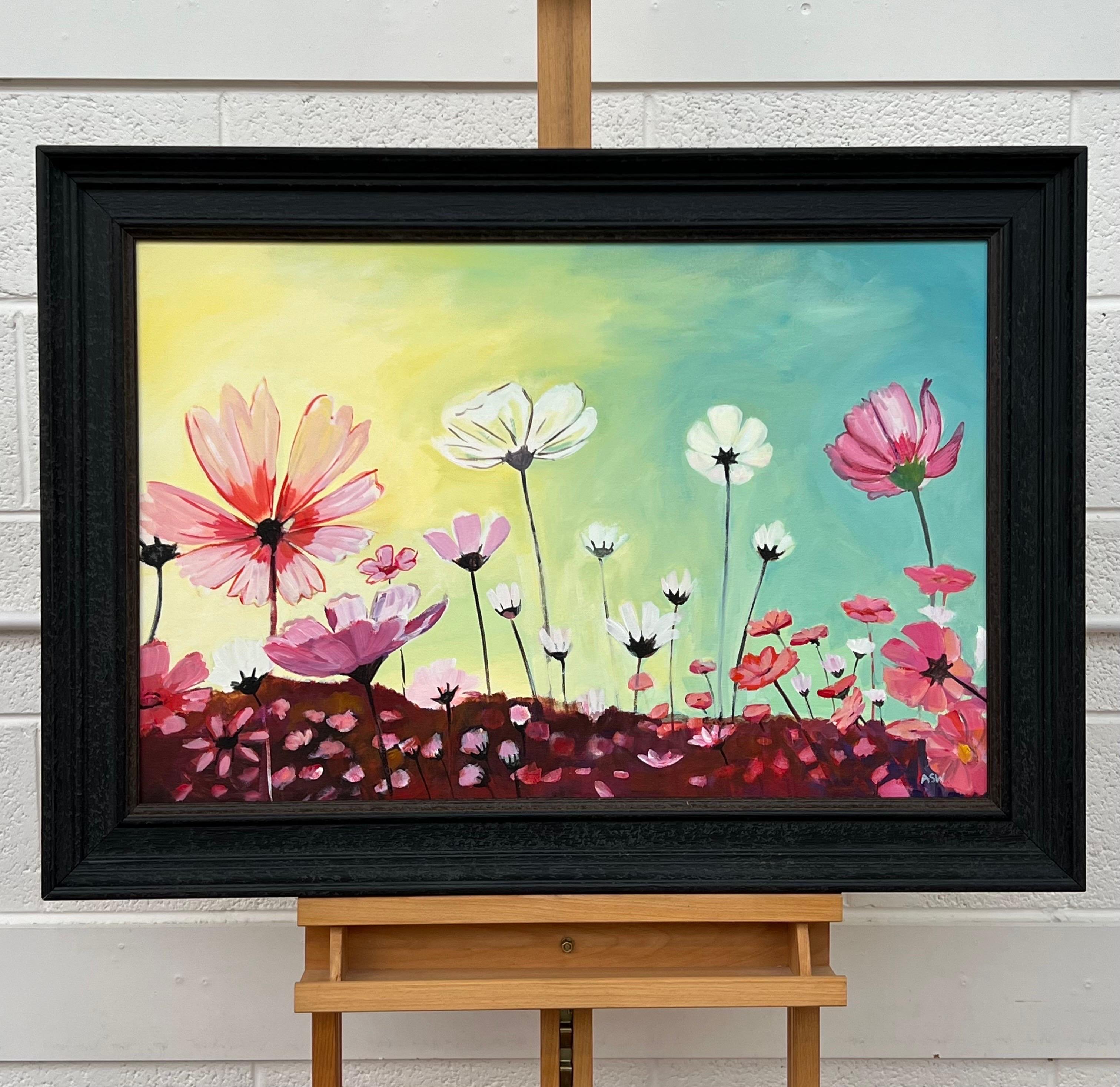 Design Study of Wild Pink & White Flowers on a Yellow & Turquoise Background - Contemporary Painting by Angela Wakefield