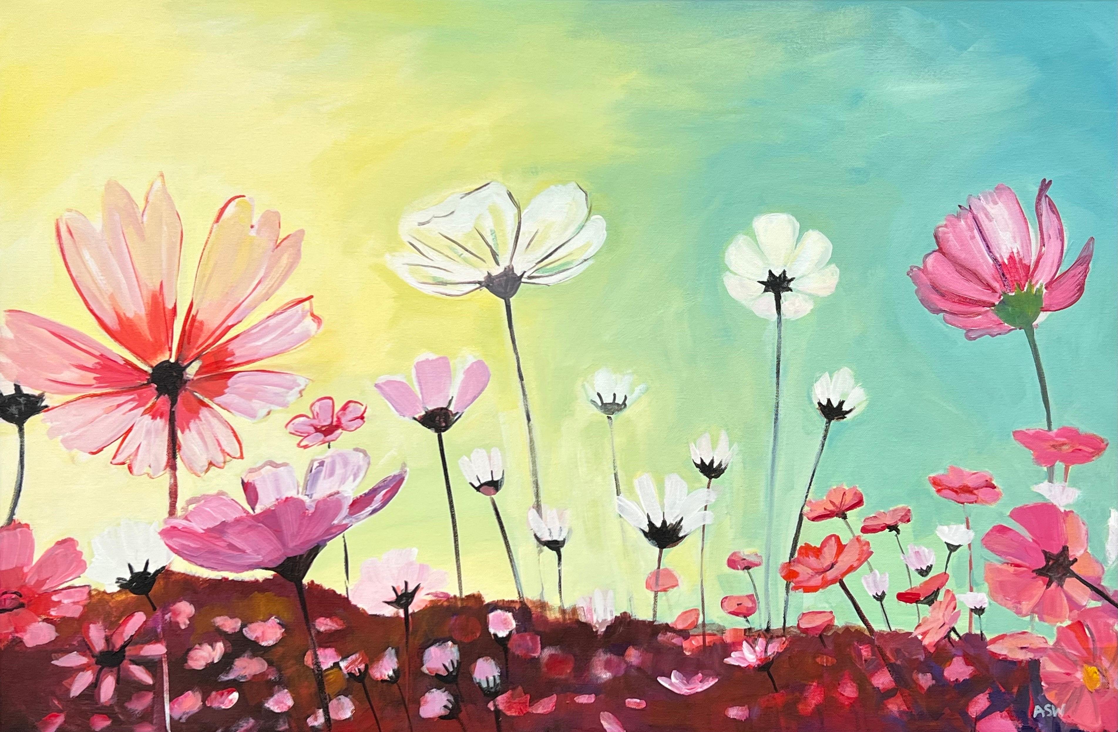 Design Study of Wild Pink & White Flowers on a Yellow & Turquoise Background For Sale 5