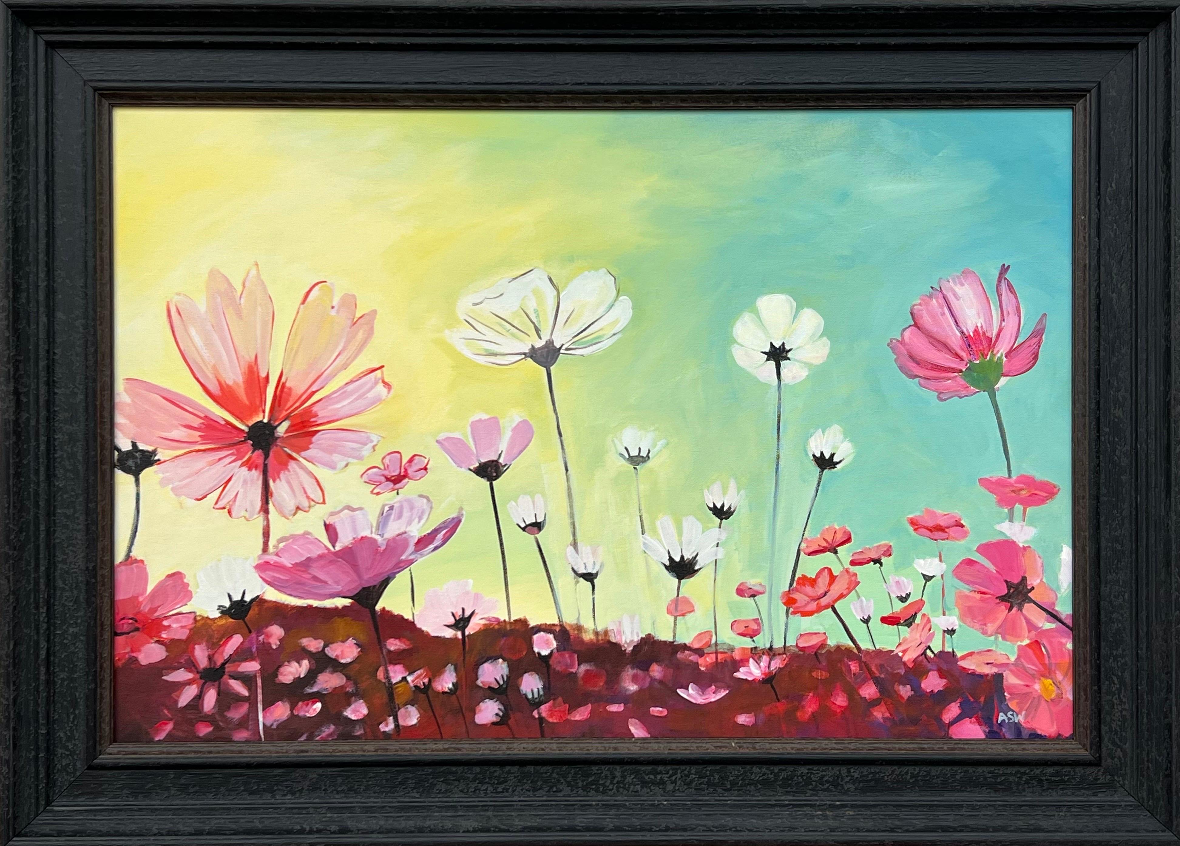 Still-Life Painting Angela Wakefield - Étude de conception de fleurs roses et blanches sauvages sur fond jaune et turquoise