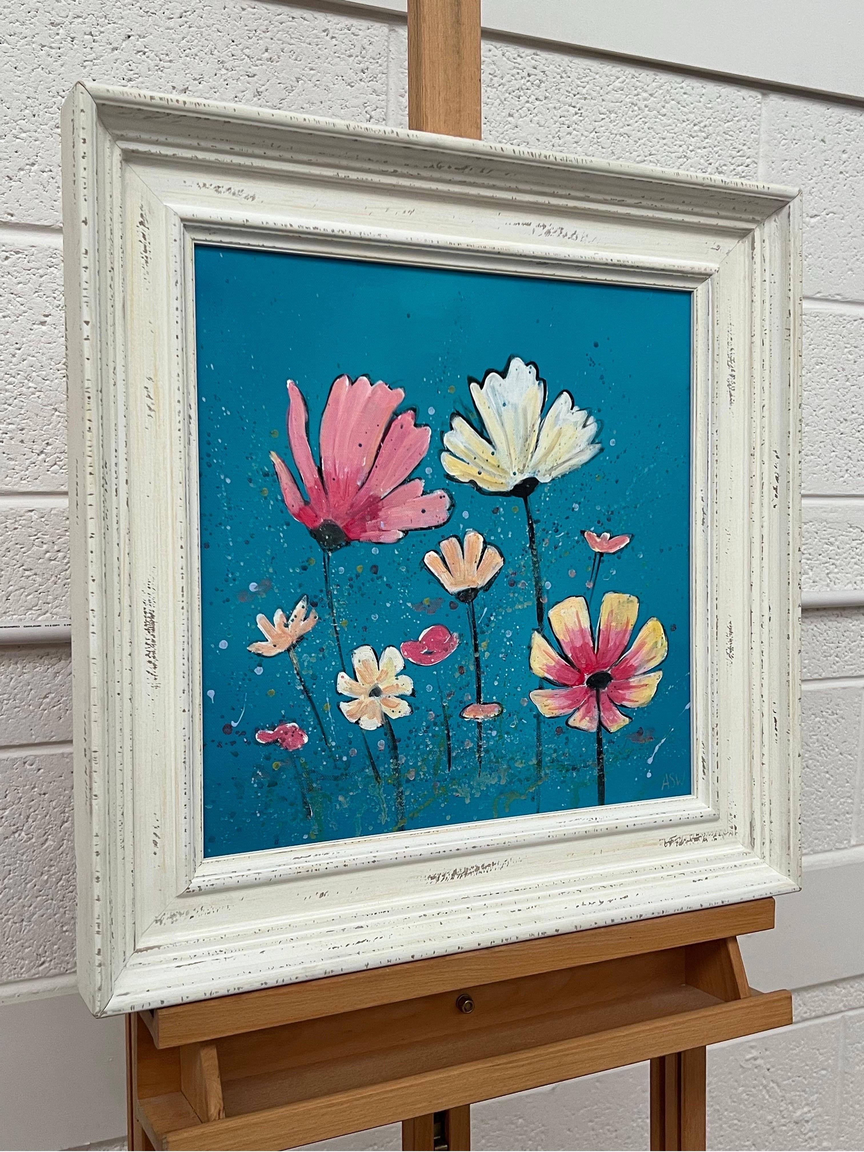 Design Study of Wild Pink & White Flowers on Turquoise by Contemporary Artist - Painting by Angela Wakefield