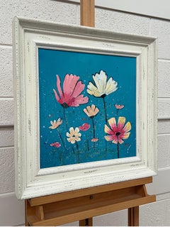 Studio di design di fiori bianchi e rosa selvatici su turchese dell'artista contemporaneo