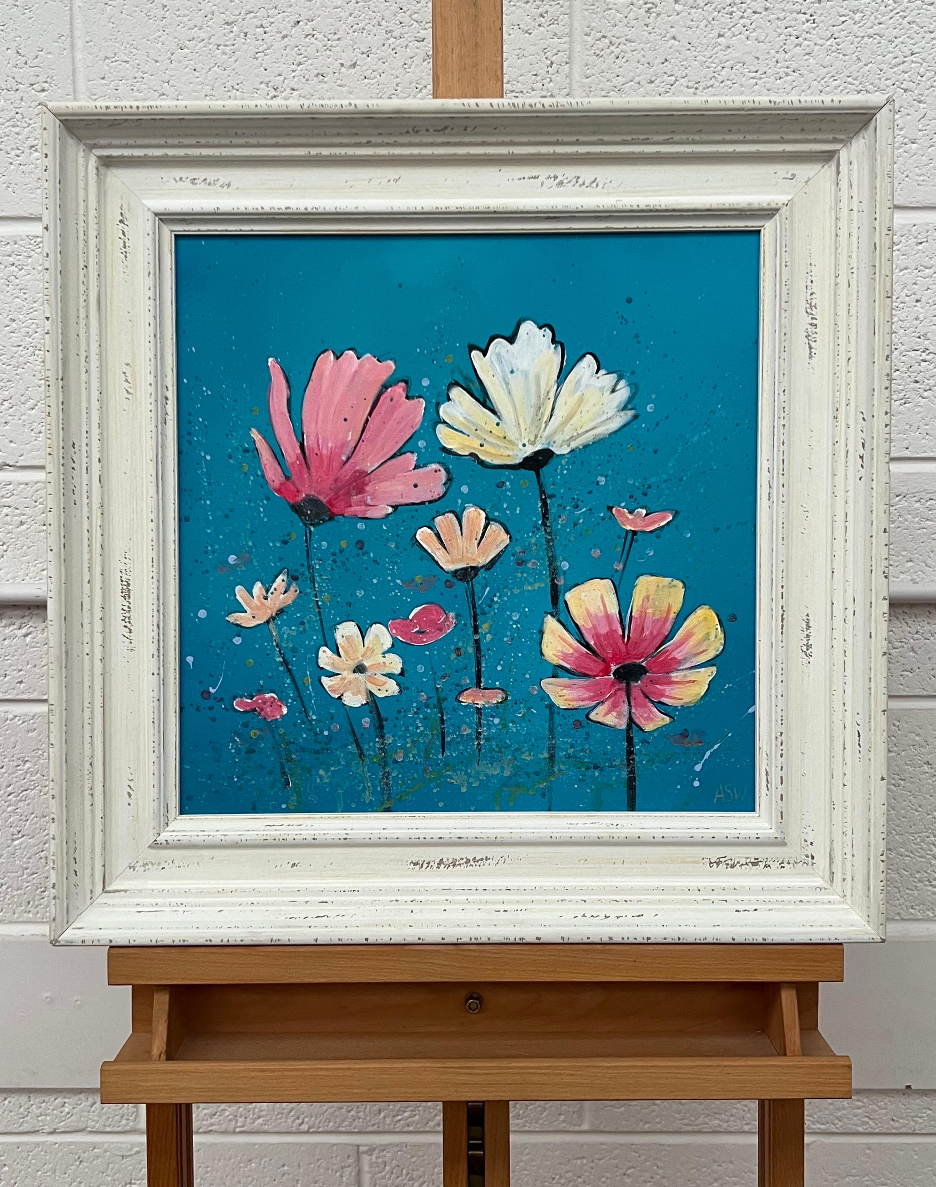 Design Study of Wild Pink & White Flowers on Turquoise by Contemporary Artist - Abstract Impressionist Painting by Angela Wakefield