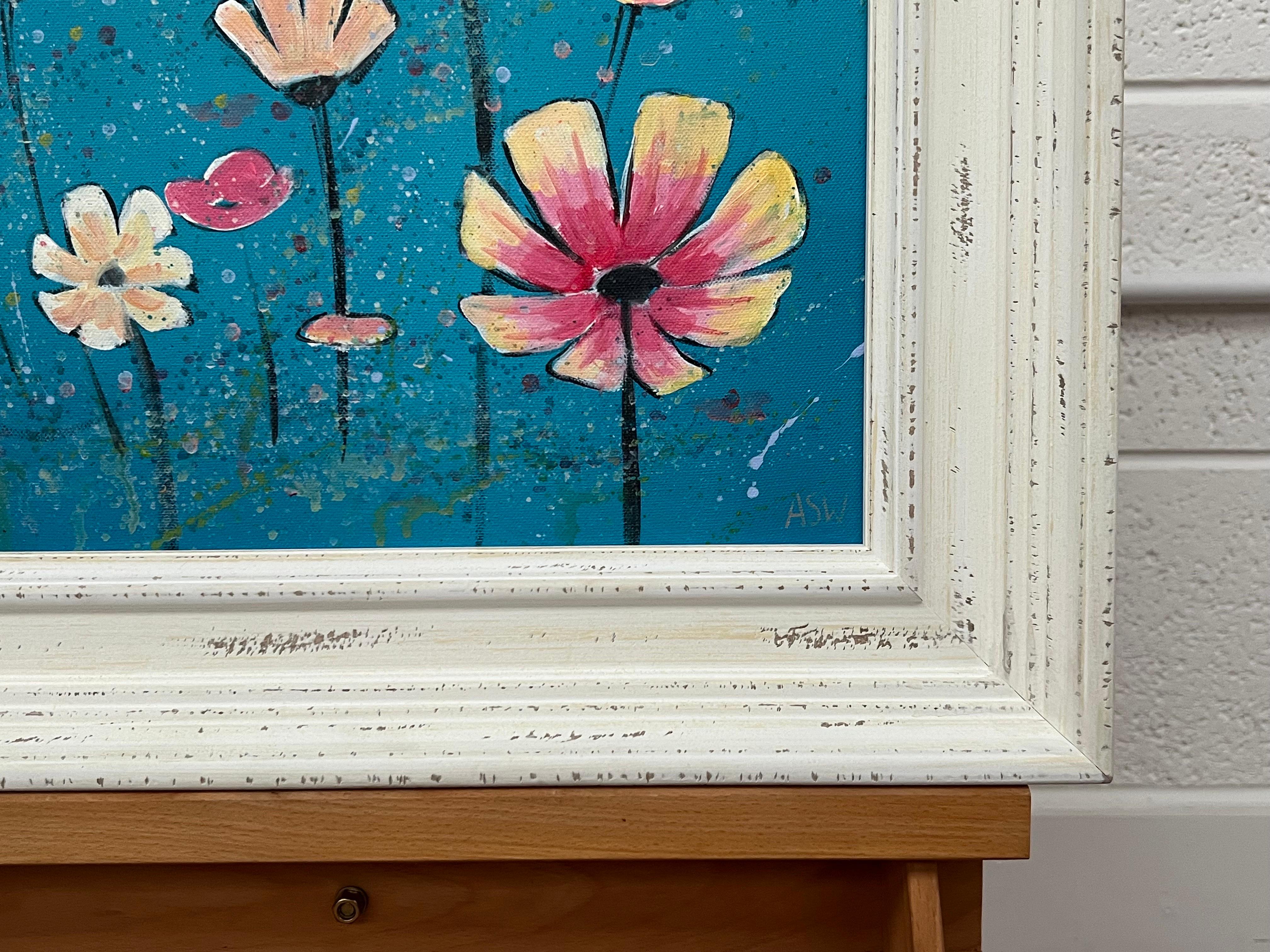 Design/One de fleurs sauvages roses et blanches sur turquoise par un artiste contemporain en vente 1