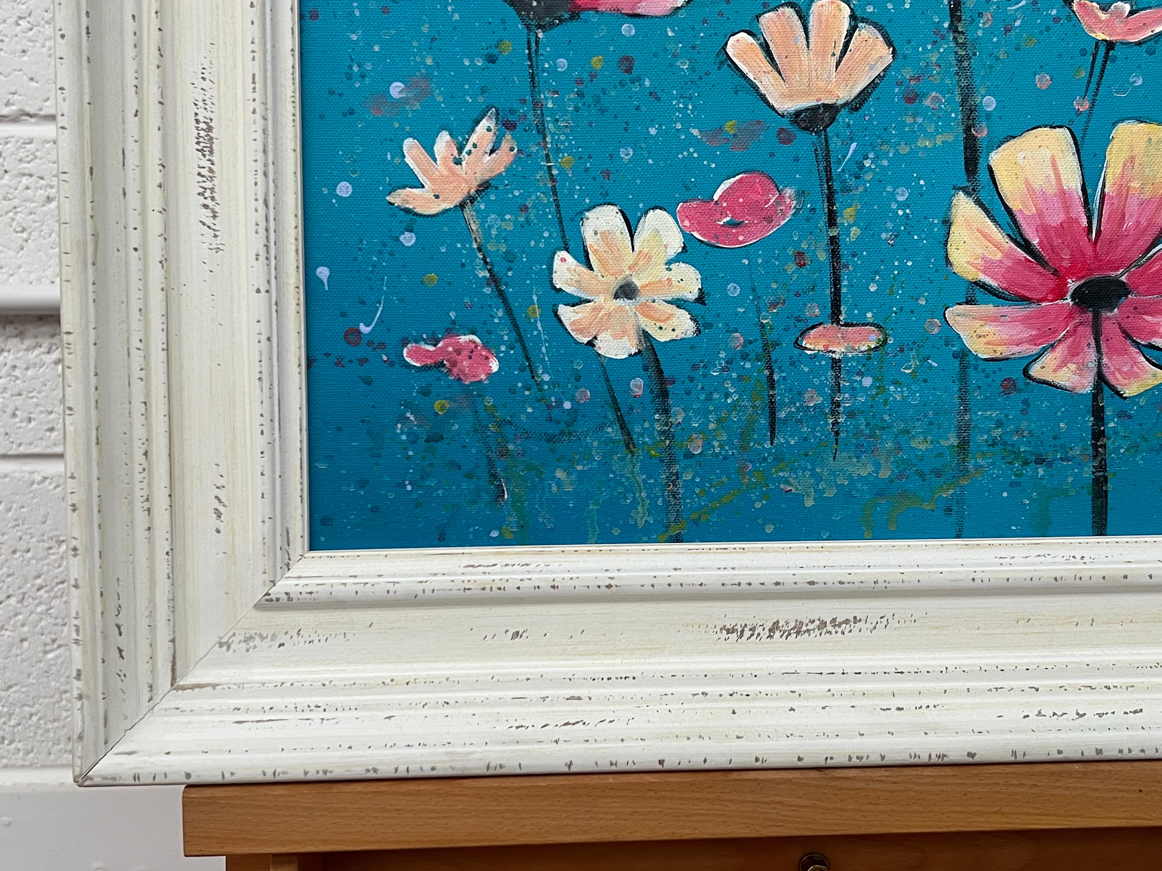Design/One de fleurs sauvages roses et blanches sur turquoise par un artiste contemporain en vente 2