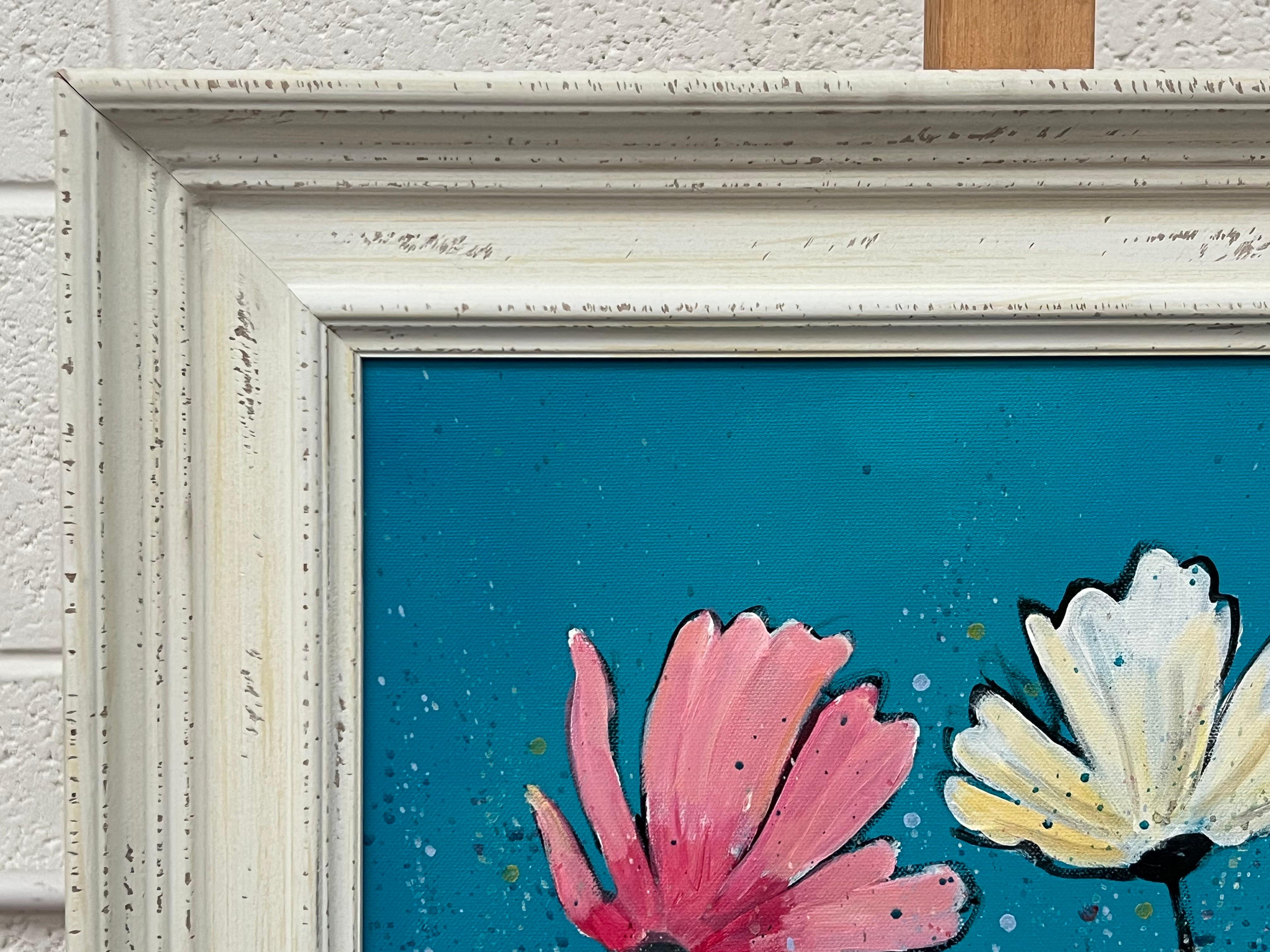 Design Study of Wild Pink & White Flowers on Turquoise by Contemporary Artist For Sale 3