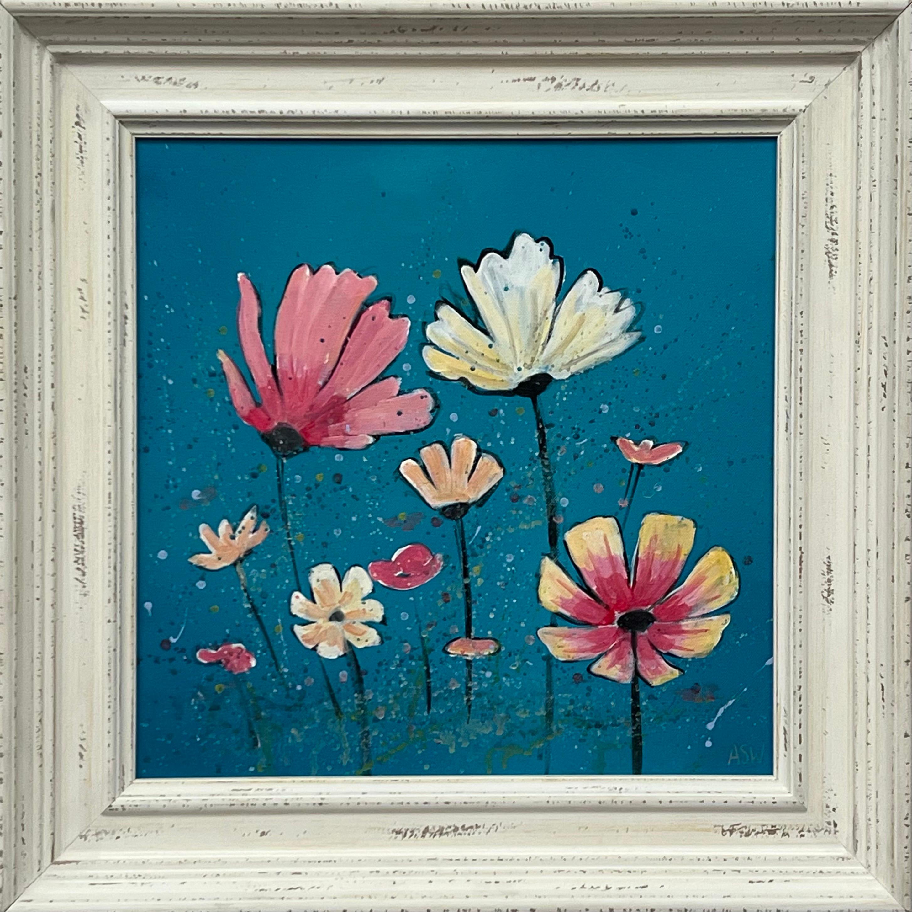 Angela Wakefield Landscape Painting - Design Study of Wild Pink & White Flowers on Turquoise by Contemporary Artist