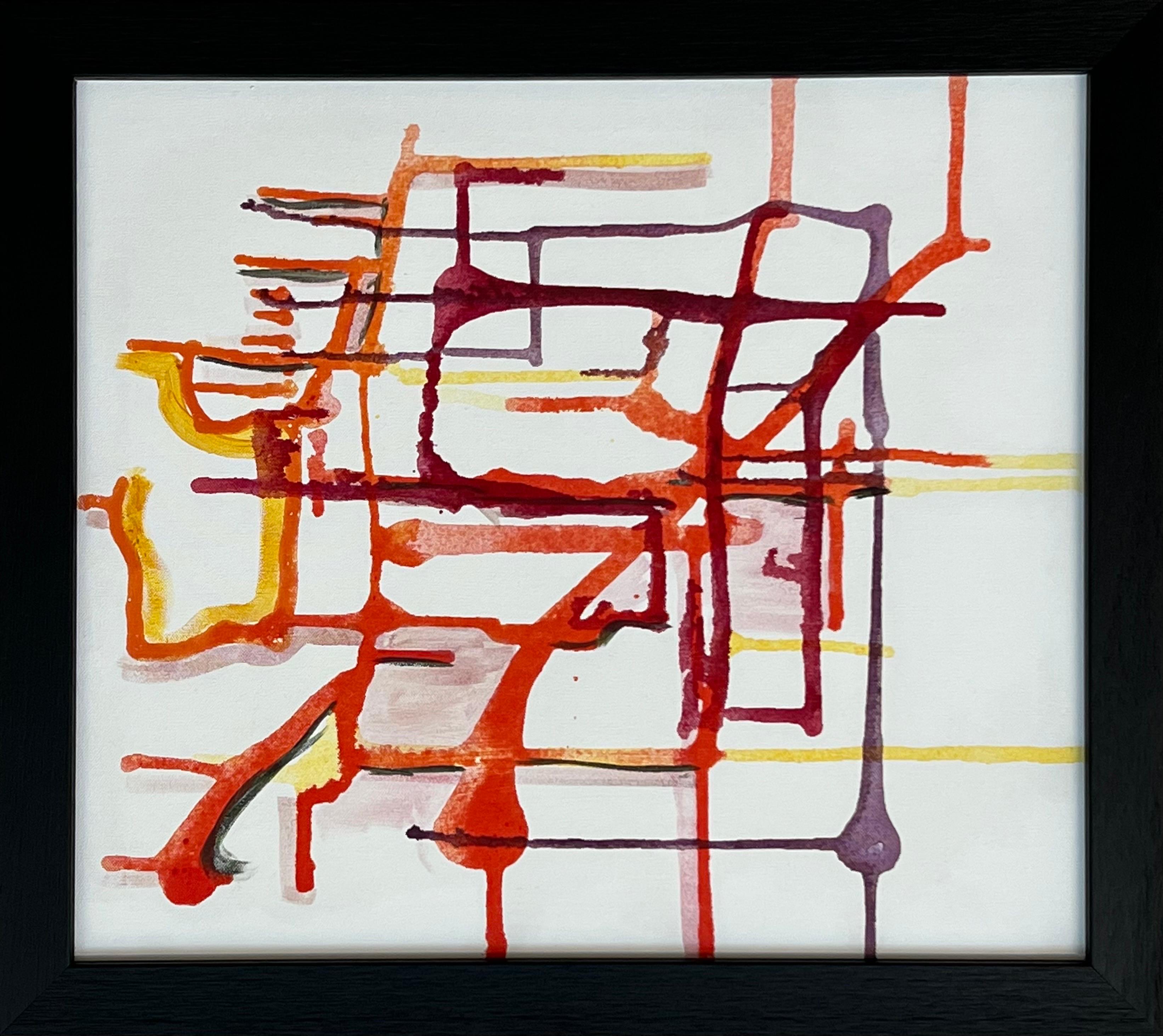 Ein seltenes, experimentelles, abstraktes Kunstwerk der führenden britischen Künstlerin Angela Wakefield aus den Farben Lila, Orange und Gelb auf weißem Hintergrund. 

Kunst misst 20 x 18 Zoll 
Rahmen misst 24 x 22 Zoll 

Ein Originalgemälde. Acryl