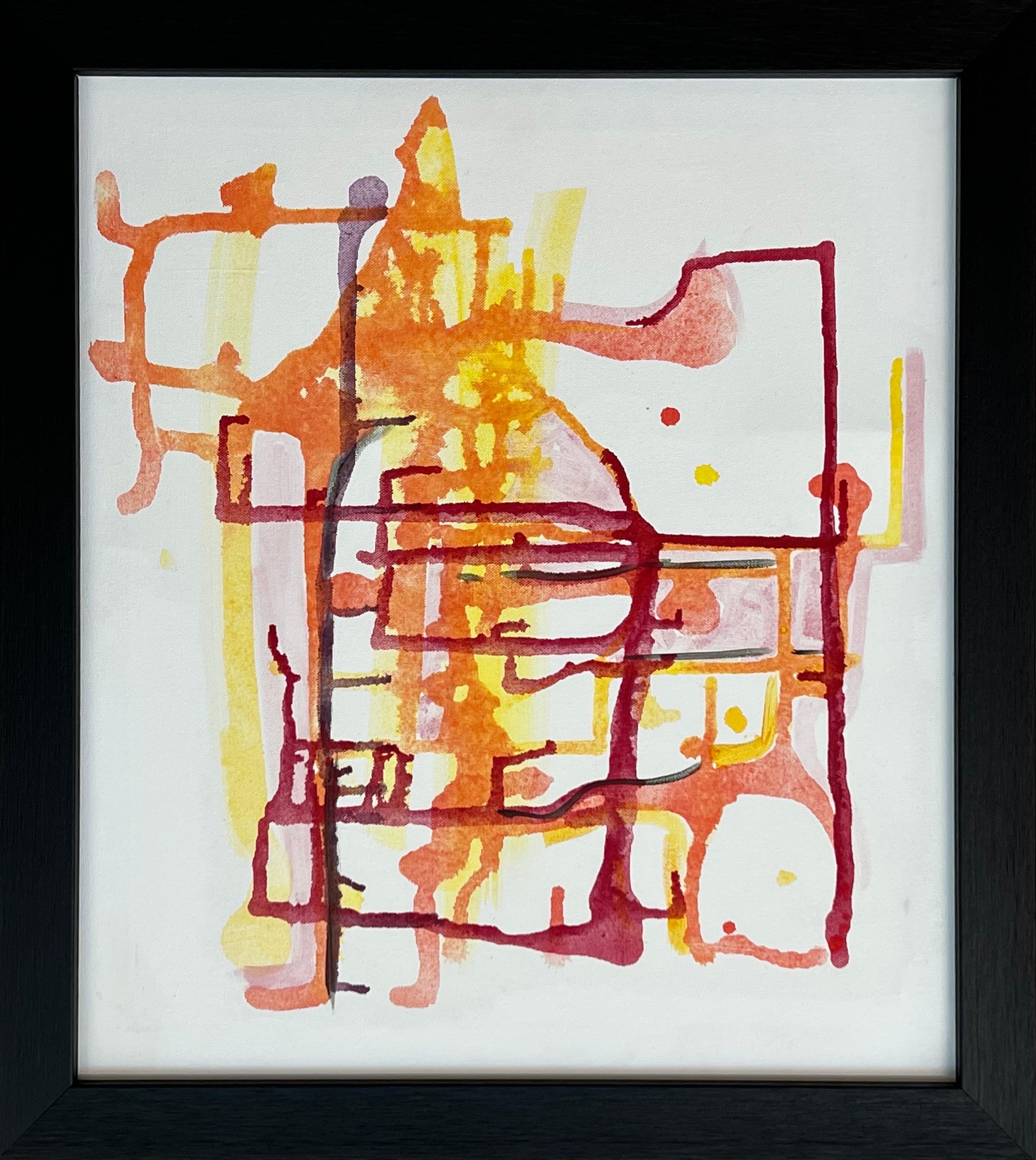Peinture abstraite ancienne rouge, jaune et orange sur fond blanc d'un artiste britannique - Expressionnisme abstrait Painting par Angela Wakefield