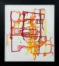 Early Abstract Painting Red Yellow Orange on White Background by British Artist