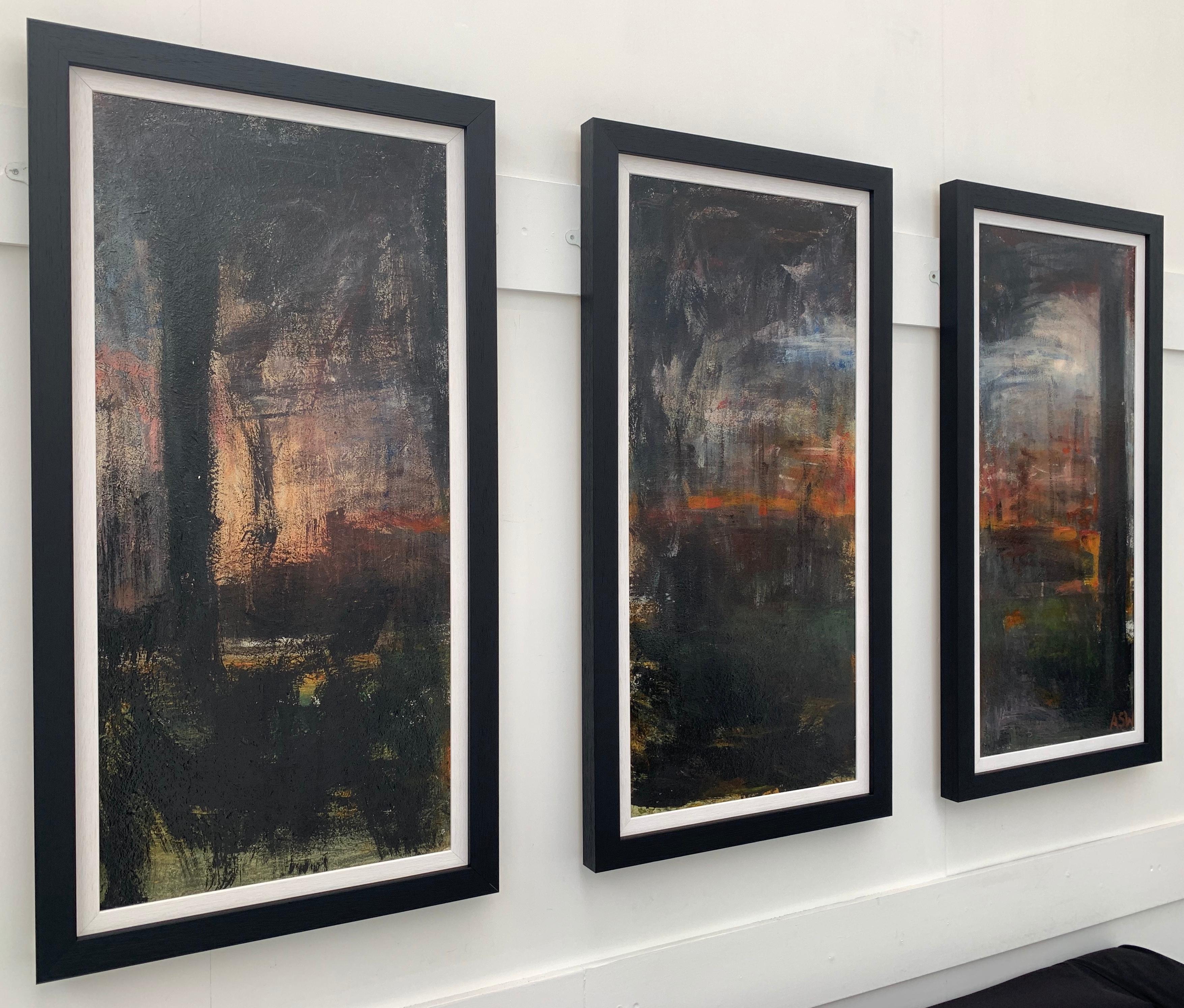 Abstraktes Triptychon-Landschaftsgemälde mit Wäldern, Gemälde des britischen Stadtkünstlers – Painting von Angela Wakefield