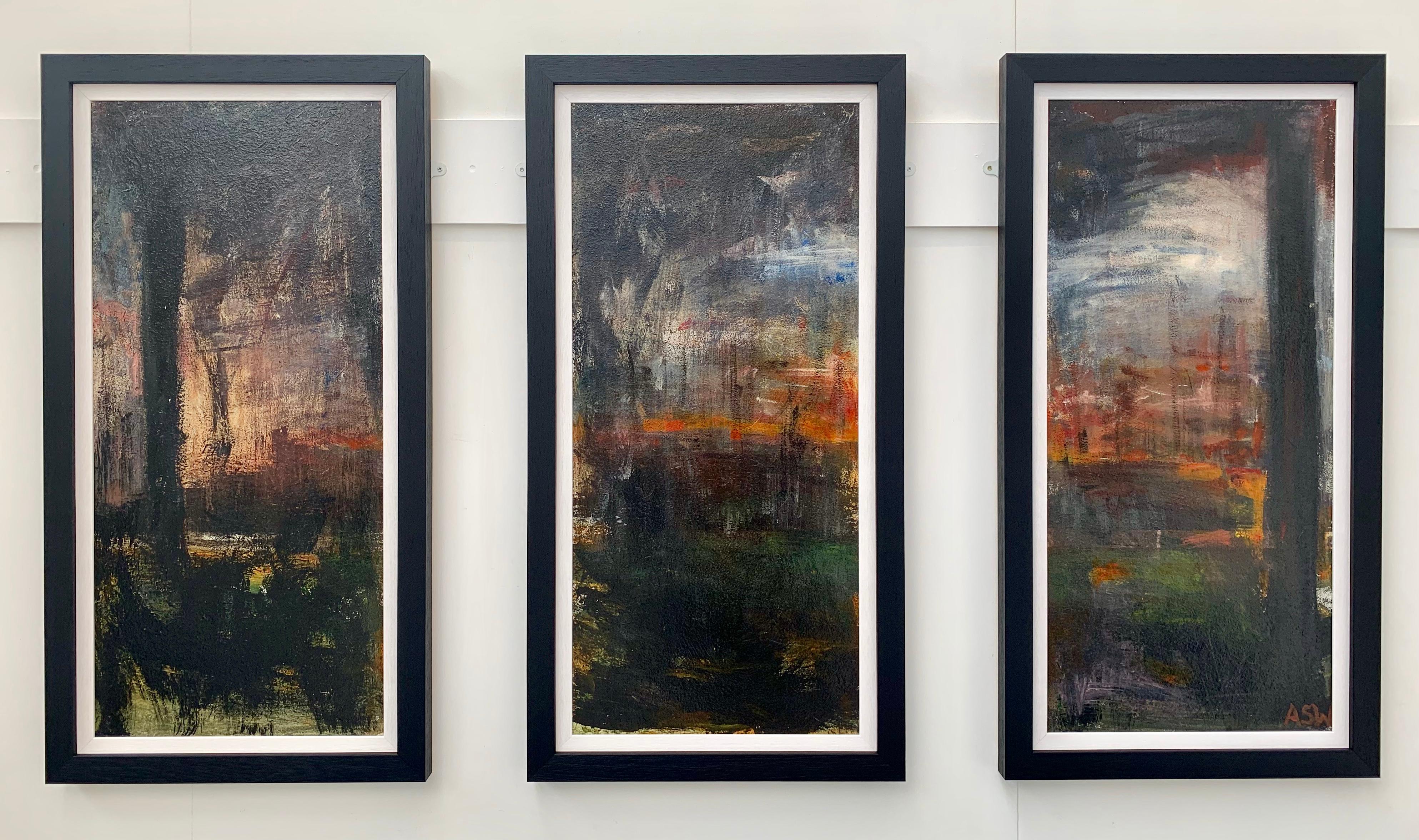 Abstraktes Triptychon-Landschaftsgemälde mit Wäldern, Gemälde des britischen Stadtkünstlers (Zeitgenössisch), Painting, von Angela Wakefield