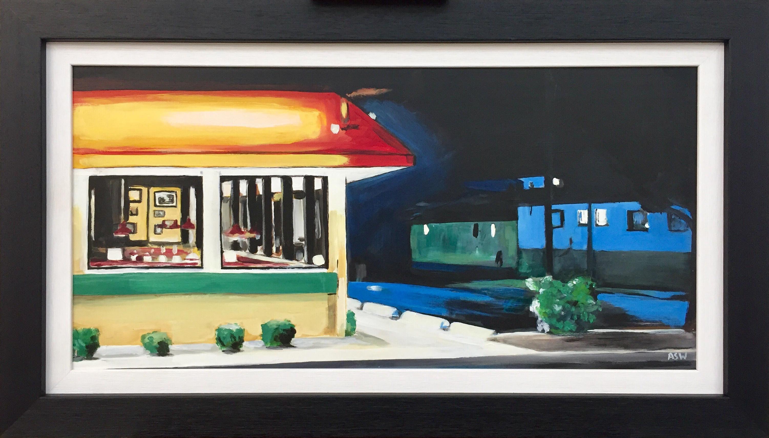 Angela Wakefield Interior Painting - Edward Hopper American Diner Painting by Leading British Urban Landscape Artist