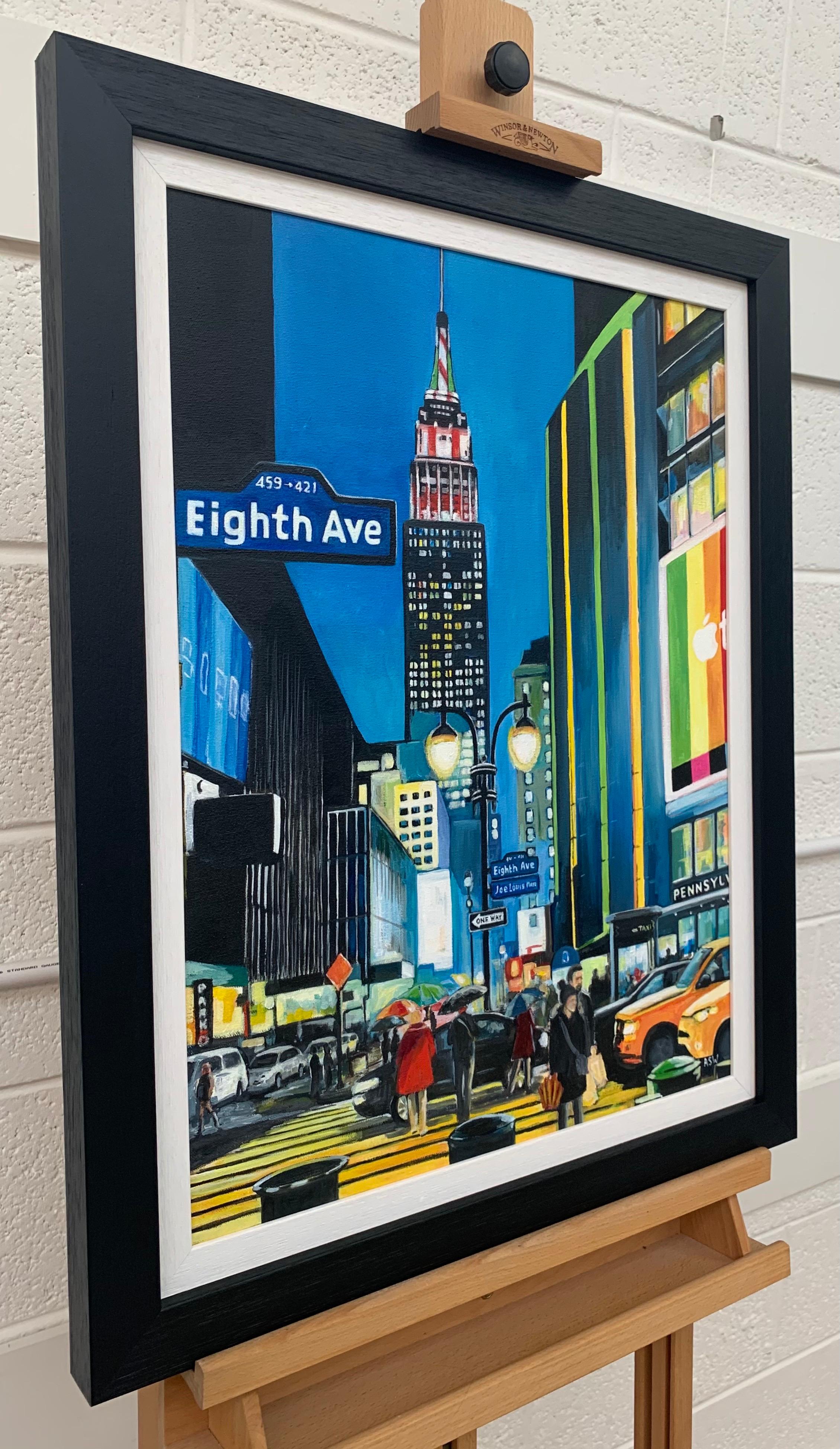 Empire State Building Eighth Avenue, New York City, von zeitgenössischem britischen Künstler (Blau), Figurative Painting, von Angela Wakefield