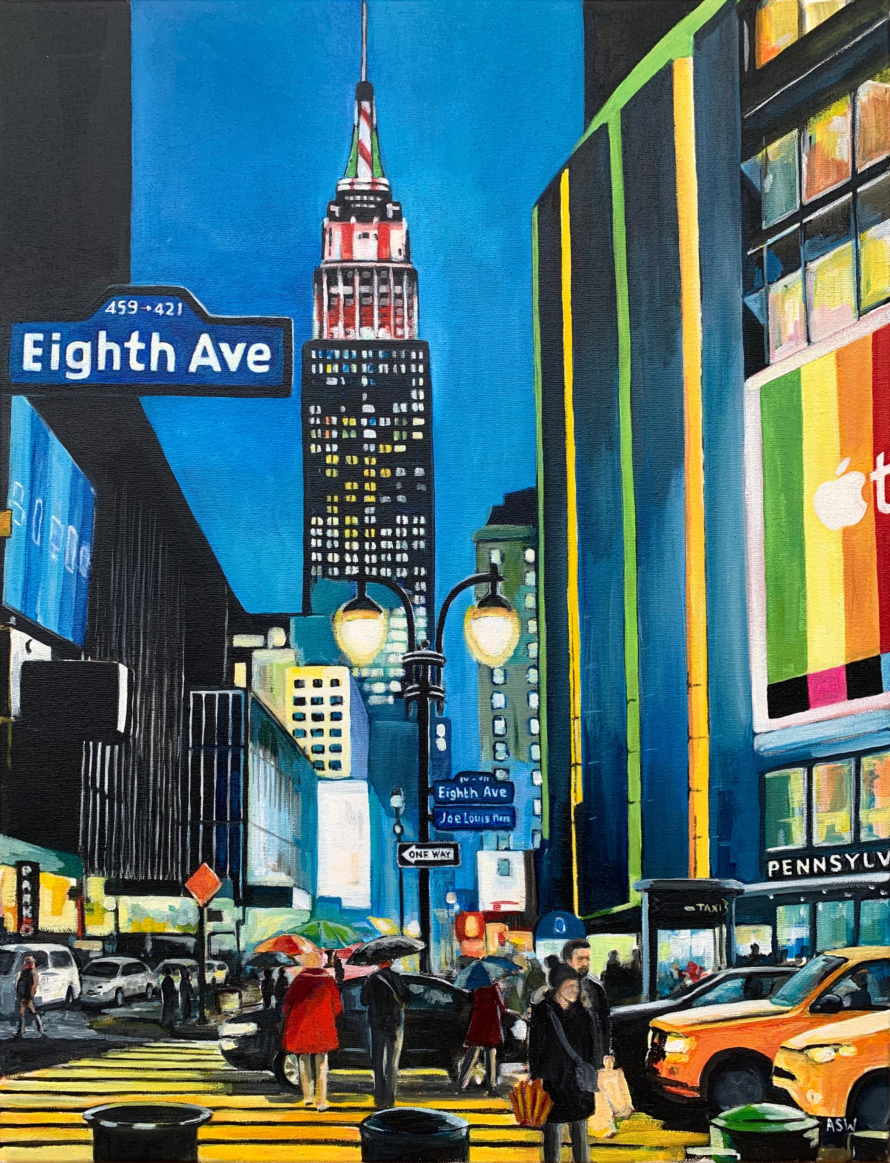 Empire State Building Eighth Avenue New York City by Contemporary British Artist - Blue Figurative Painting by Angela Wakefield