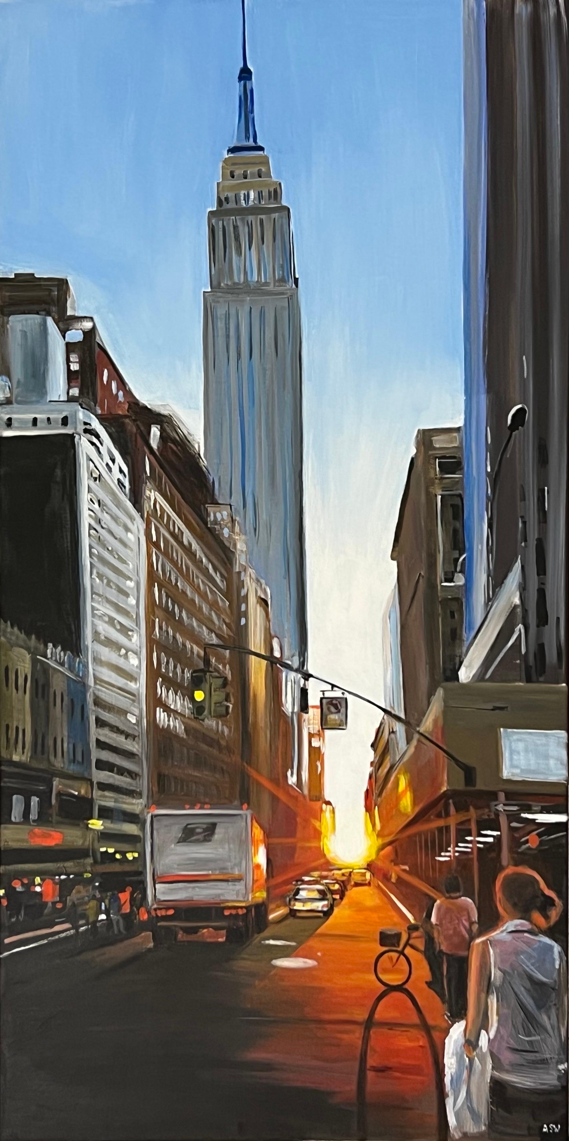 Empire State Building, Sonnenuntergang in Manhattan, New York City, vom britischen Stadtarchitekten  (Realismus), Painting, von Angela Wakefield