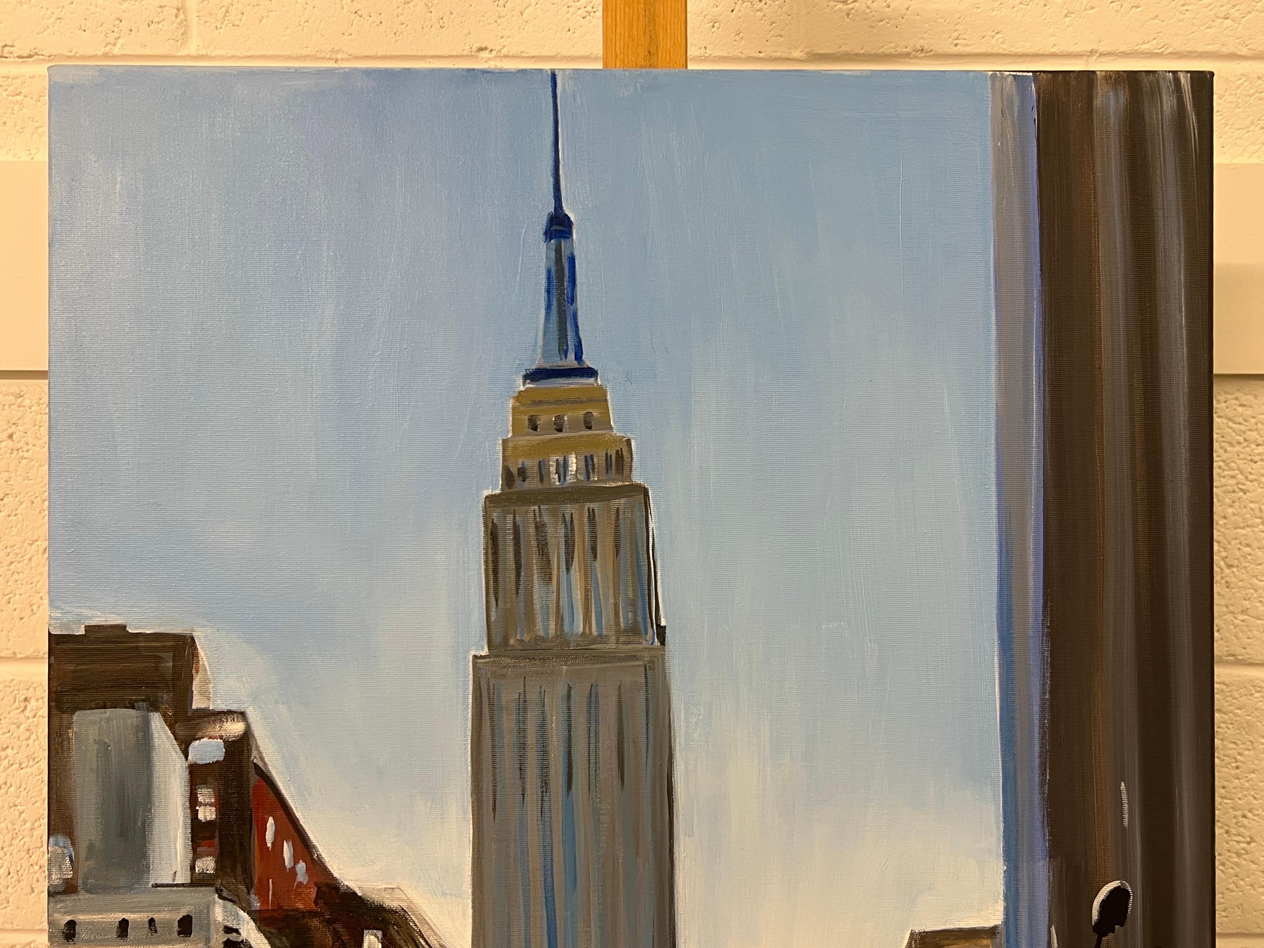 Coucher de soleil sur l'Empire State Building à Manhattan, New York, par l'artiste urbaine britannique Angela Wakefield. Il s'agit d'une rare œuvre de jeunesse de sa série New York. A fait l'objet d'un article de couverture internationale en 2011.