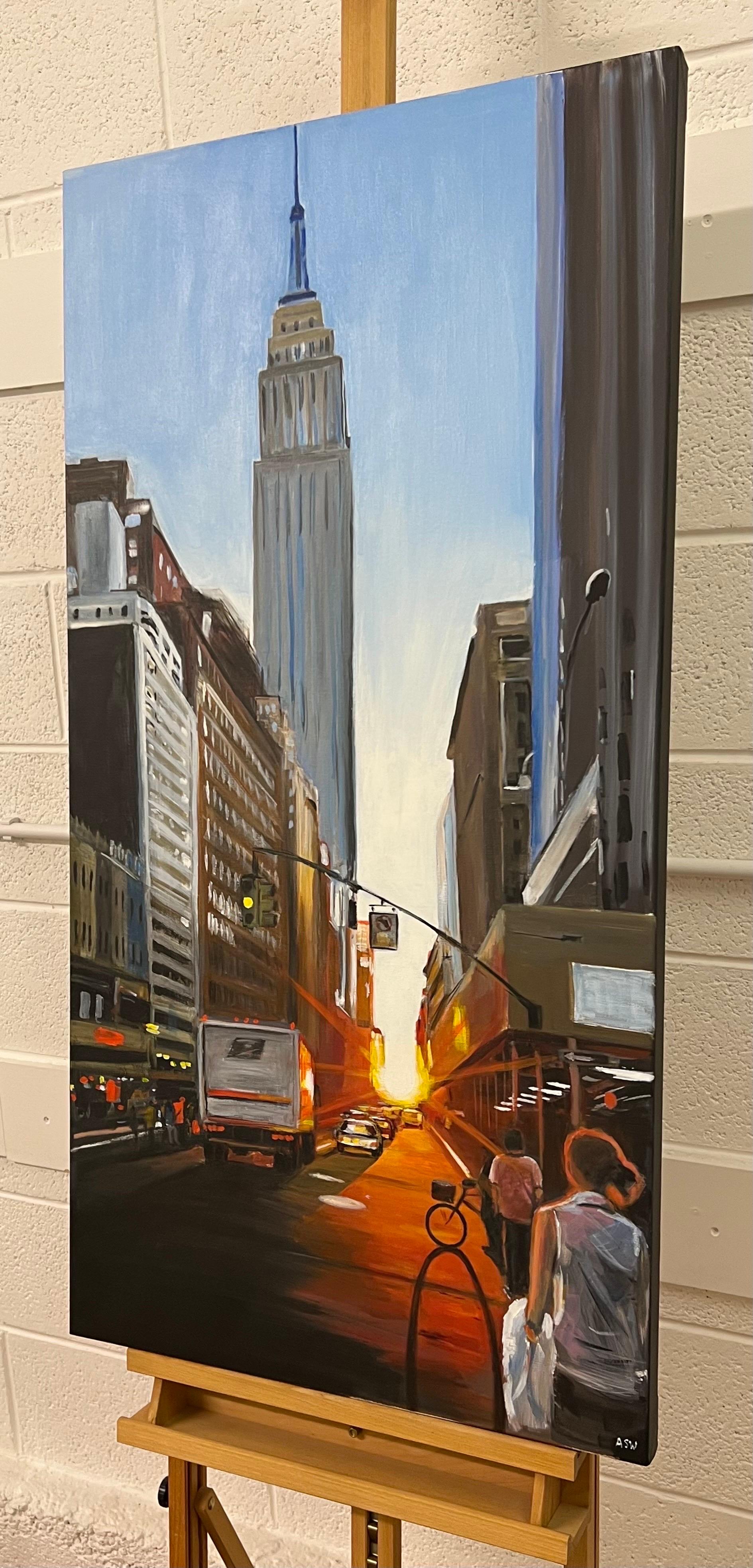 Empire State Building Sunset in Manhattan New York City by British Urban Artist  - Realist Painting by Angela Wakefield