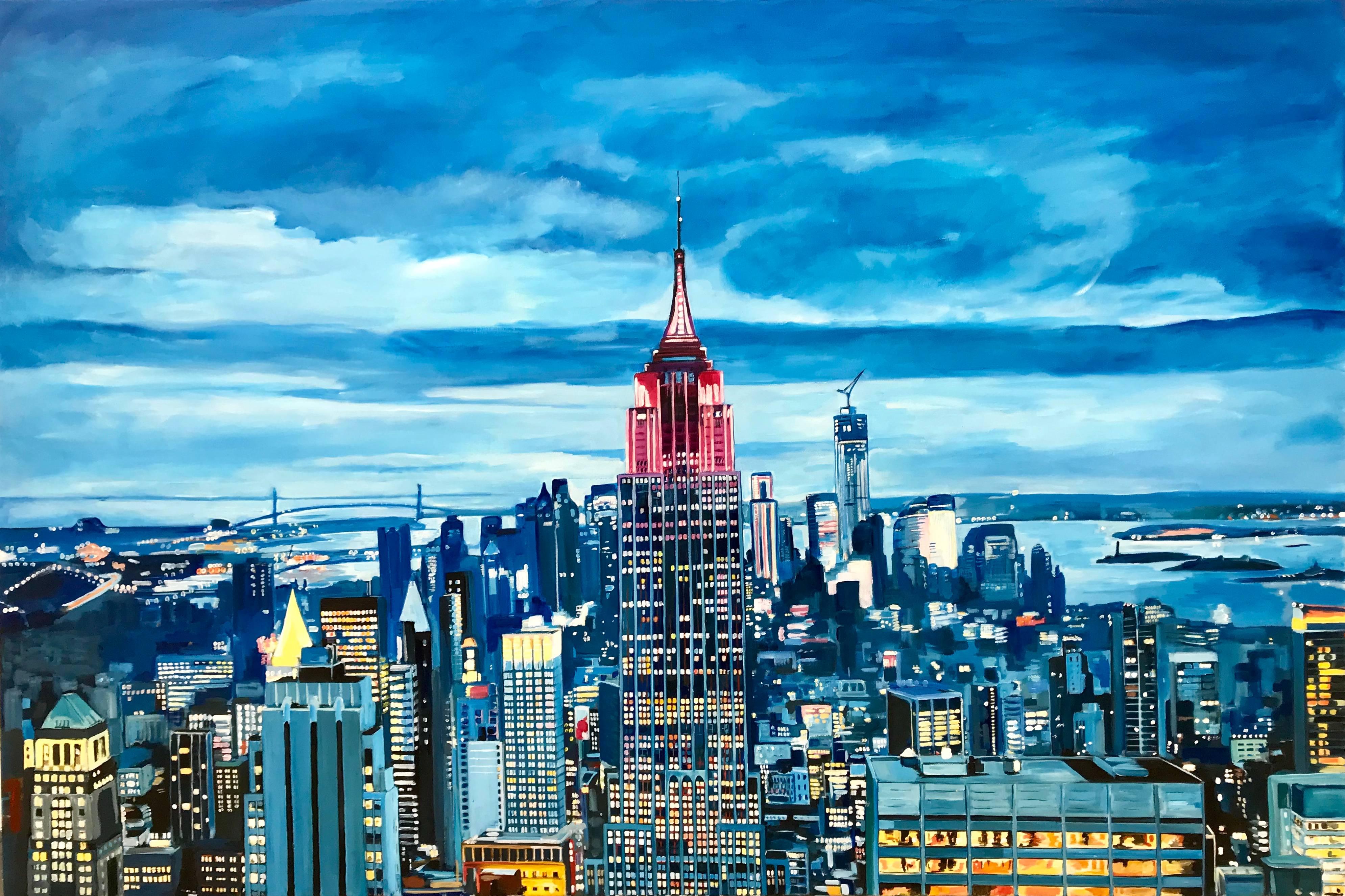 Landscape Painting Angela Wakefield - Peinture de paysage urbain de l'État de l'Empire à Manhattan, New York, par un artiste paysagiste britannique