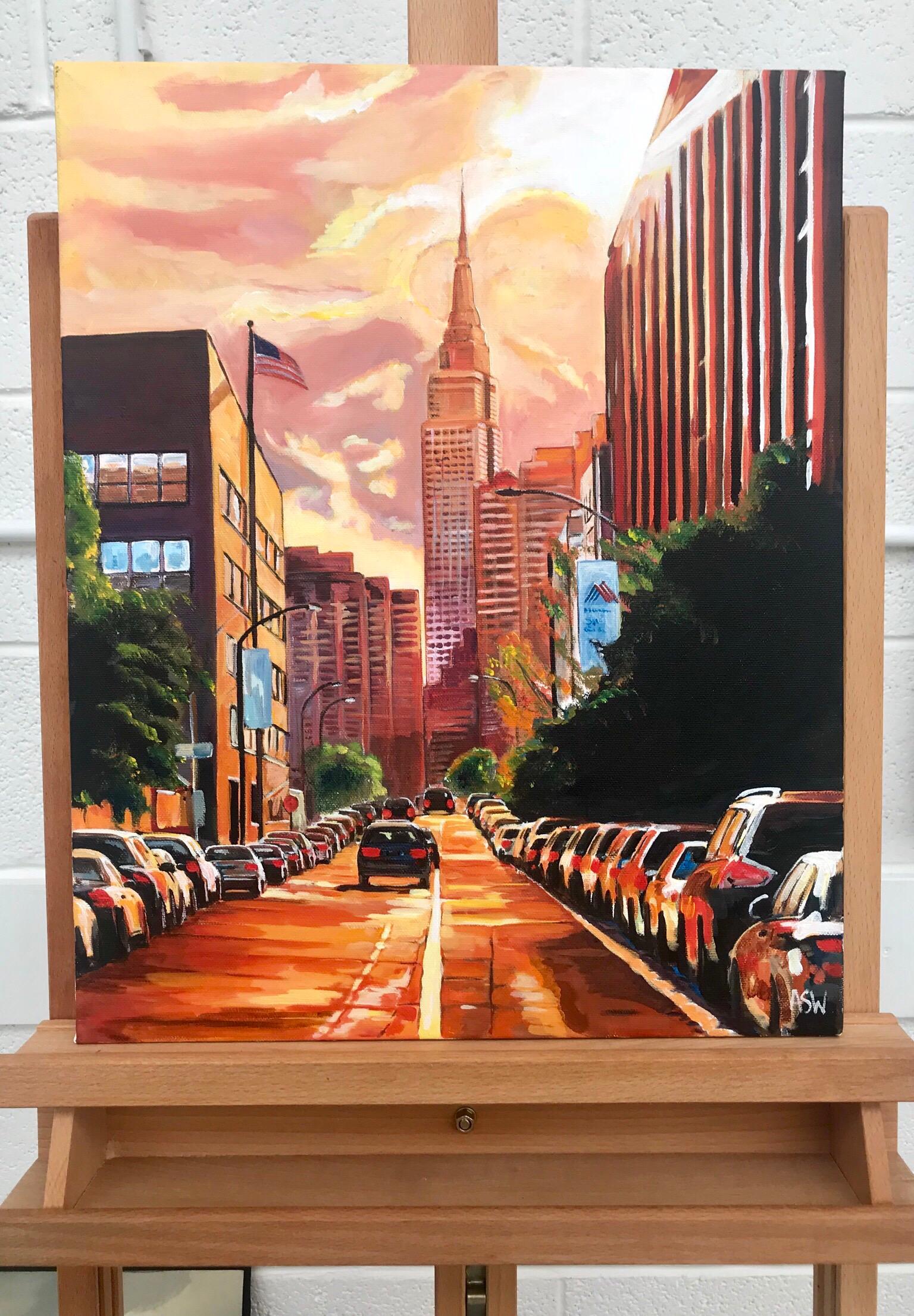 Empire State Building Sunset New York Cityscape NYC by English Landscape Artist - Post-Modern Painting by Angela Wakefield