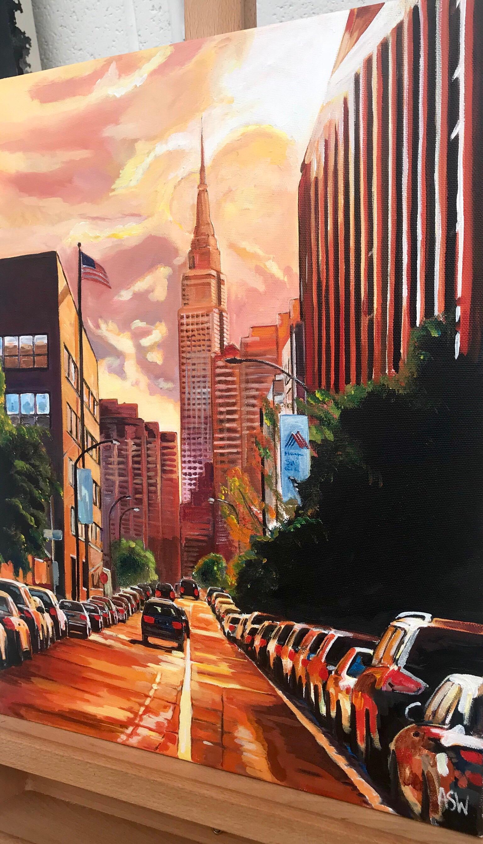 Empire State Building Sunset New York Cityscape NYC by English Landscape Artist - Beige Landscape Painting by Angela Wakefield