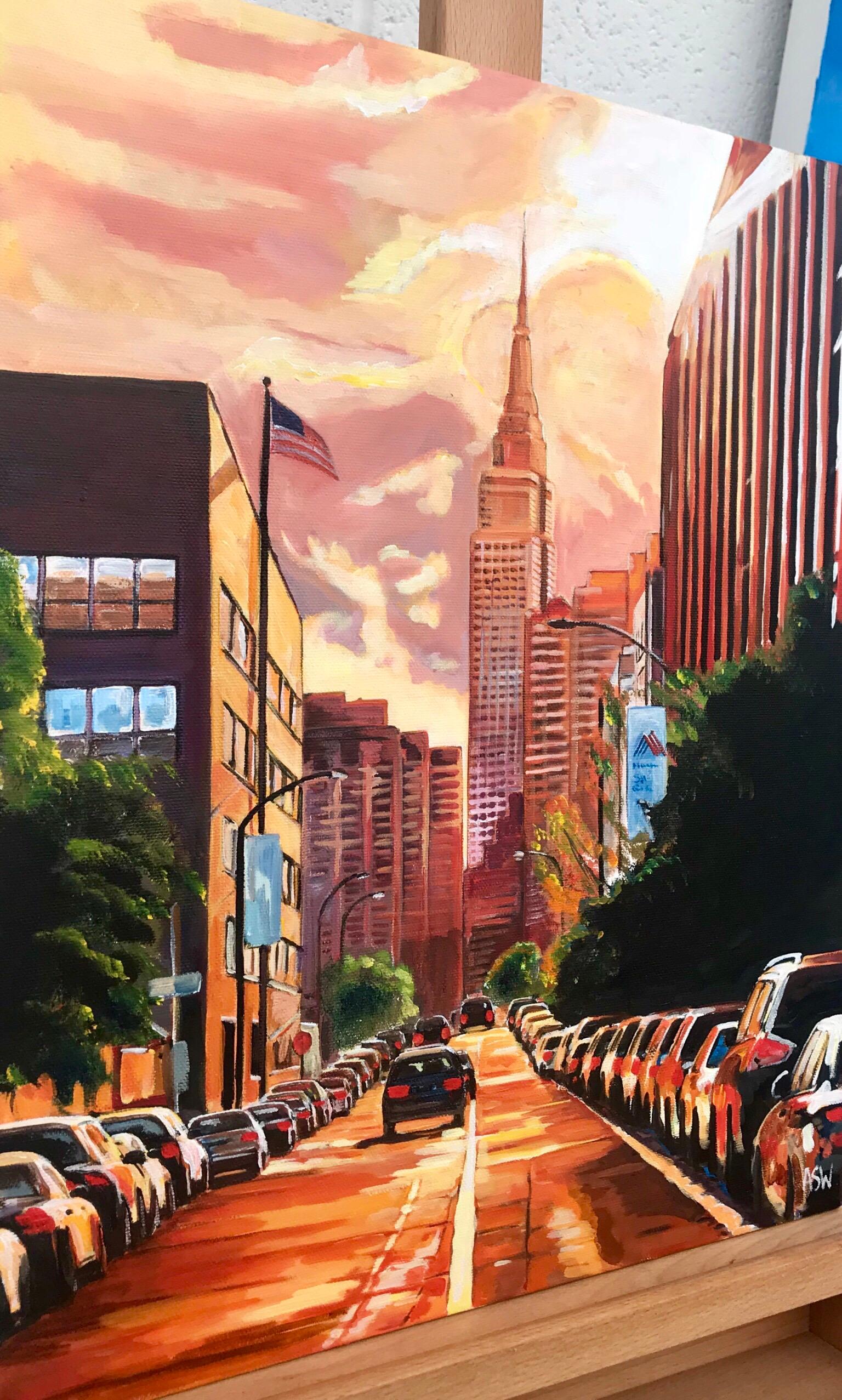 This unique original painting captures the Empire State Building against the backdrop of a beautiful sunset from street level. The artist, Angela Wakefield, is a leading English Urban Cityscape Artist.

Angela Wakefield has twice been on the front