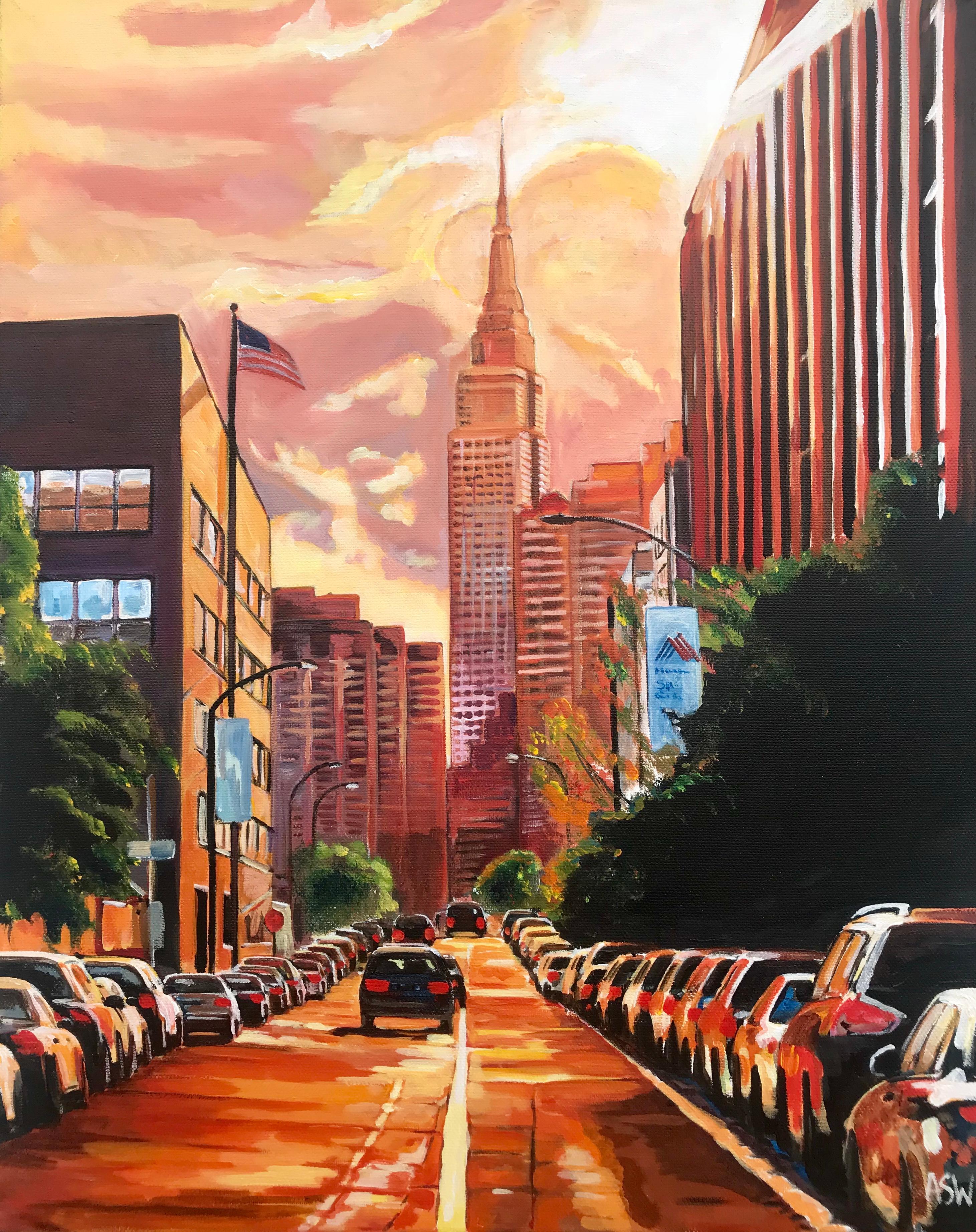 Angela Wakefield Landscape Painting - Empire State Building Sunset New York Cityscape NYC by English Landscape Artist