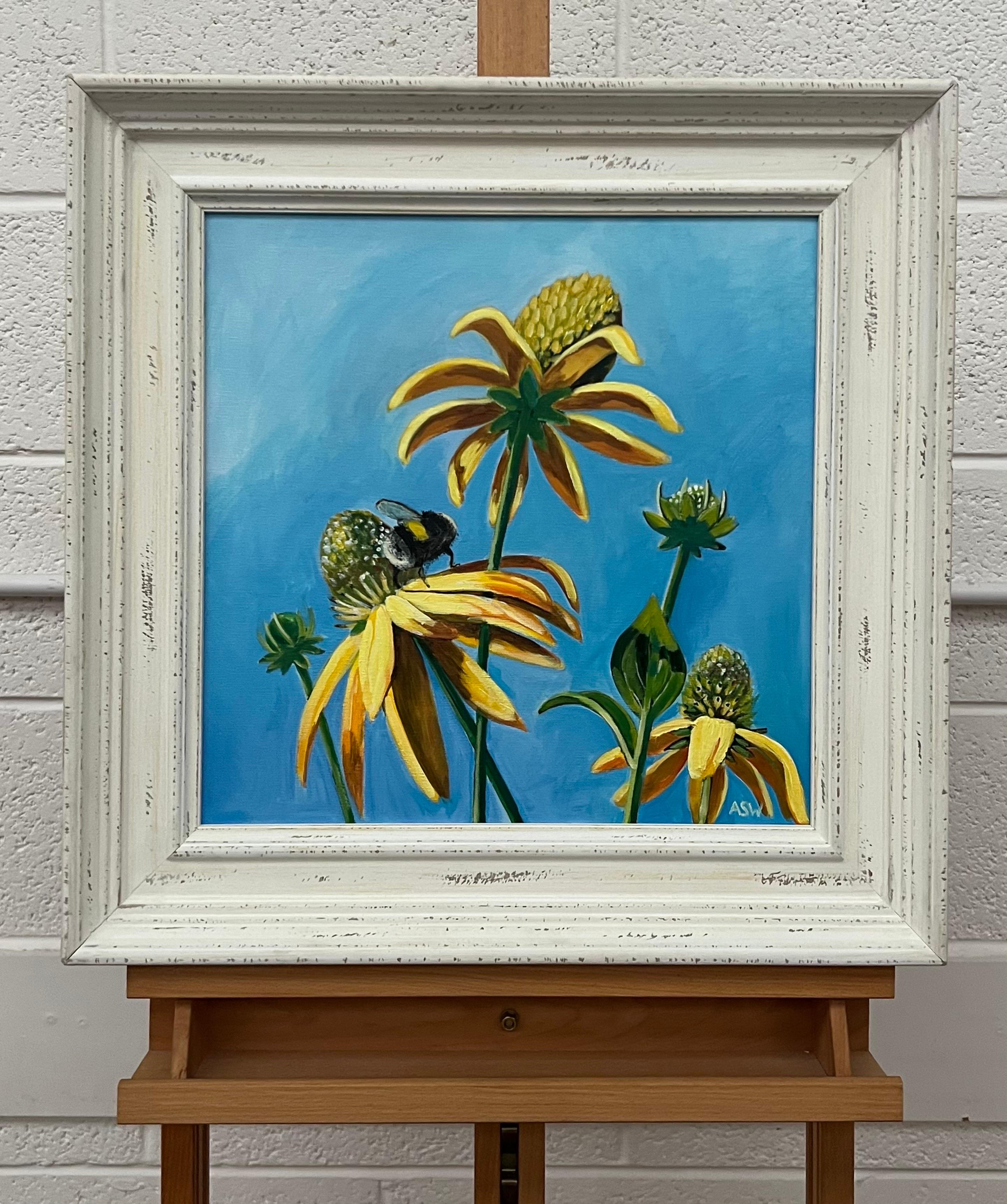 English Country Garden Landscape Art with Bee on Flowers by Contemporary British Artist, Angela Wakefield. This original uses a limited palette of sky blue and yellow. 

Art measures 16 x 16 inches
Frame measures 22 x 22 inches

Angela Wakefield has