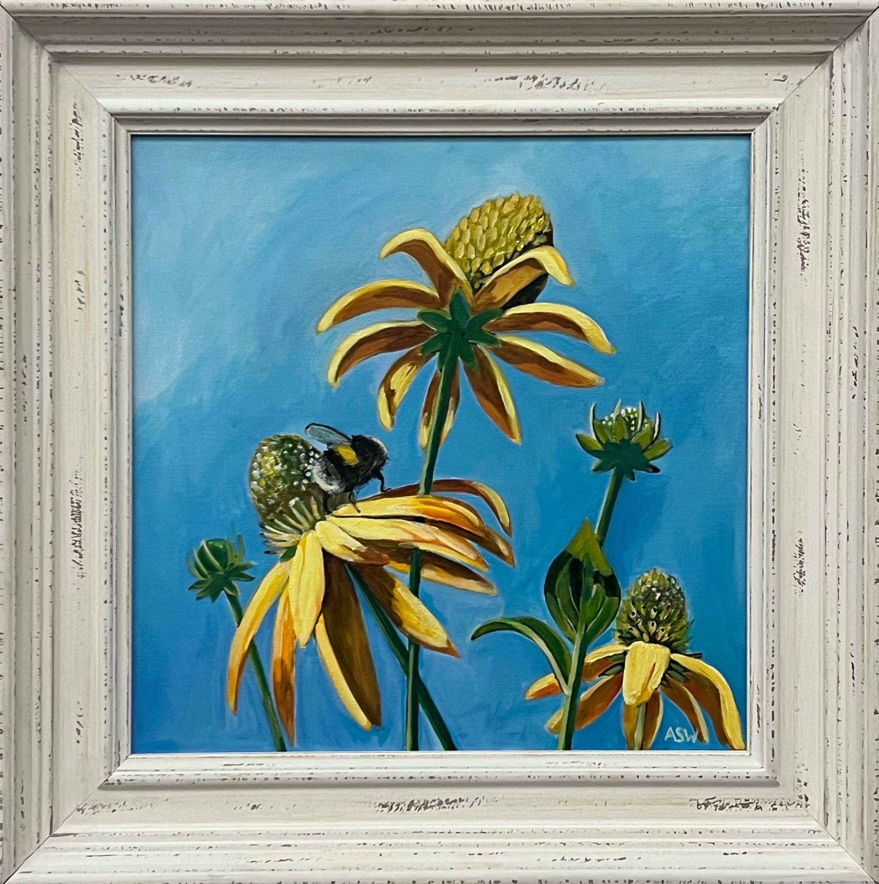 Landscape Painting Angela Wakefield - Art paysager du jardin anglais avec abeille sur fleurs par l'artiste contemporain