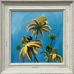 English Country Garden Landscape Art with Bee on Flowers by Contemporary Artist