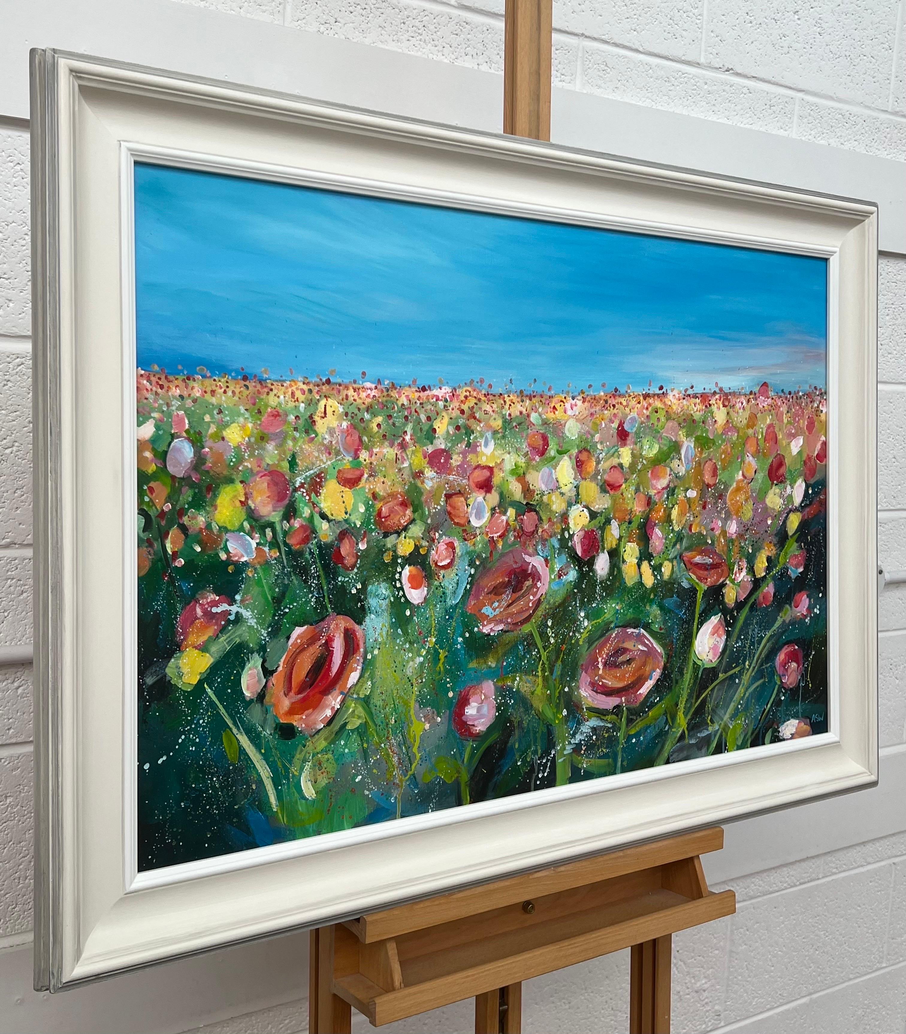English Meadow Landscape with Wild Red Flowers by Contemporary British Artist - Painting by Angela Wakefield