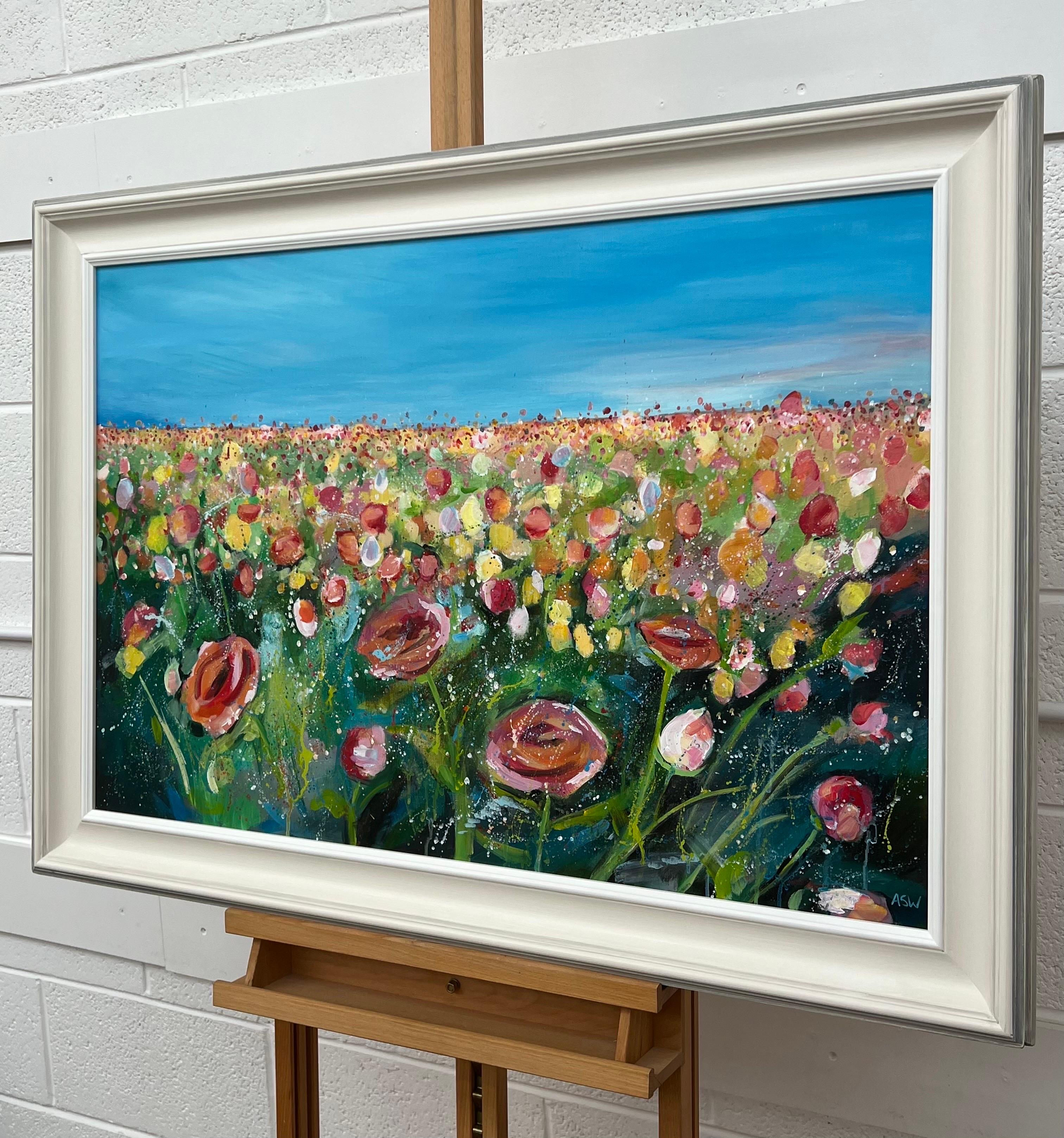 English Meadow Landscape with Wild Red Flowers by Contemporary British Artist For Sale 1