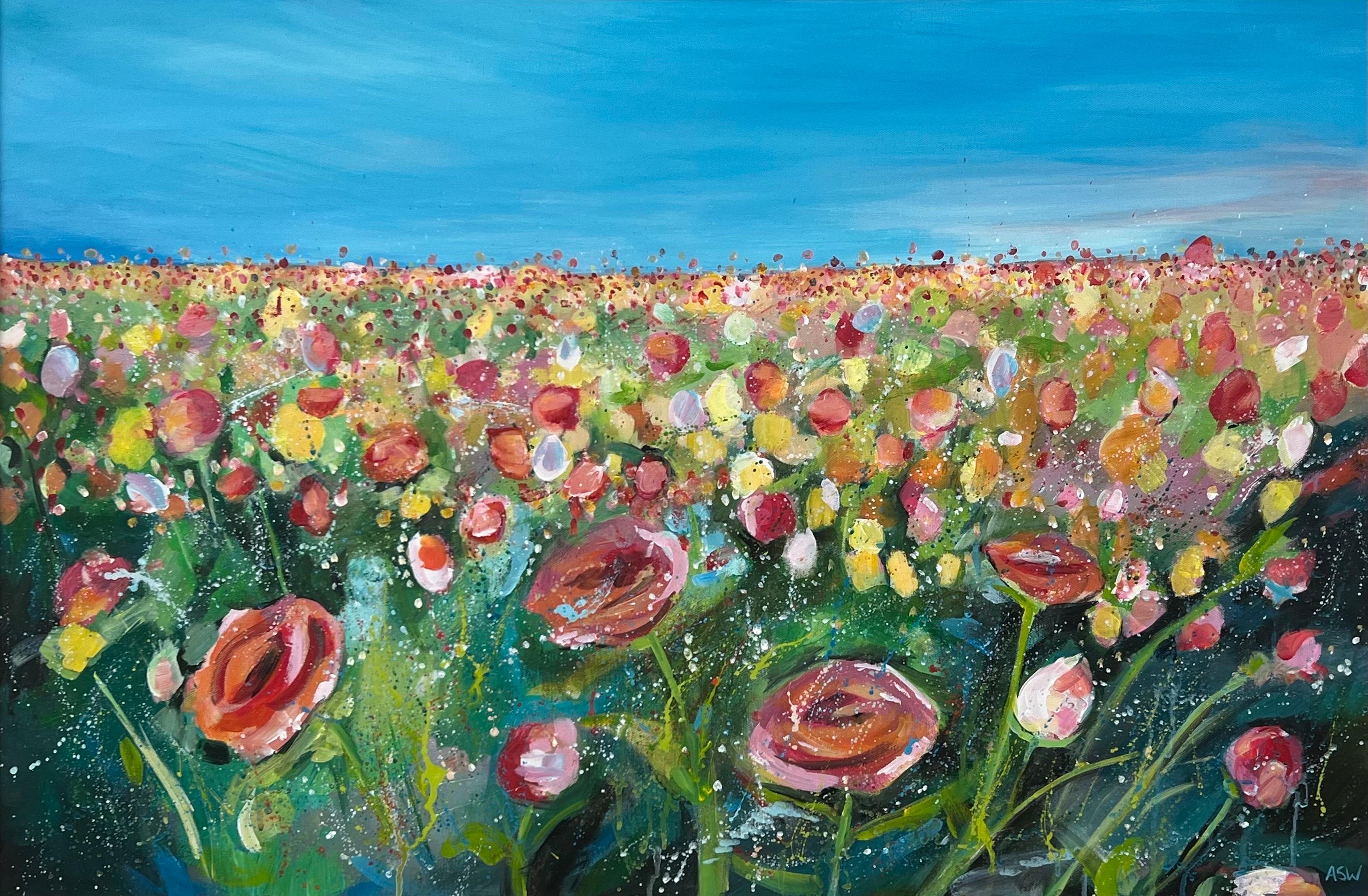 Englische Wiesenlandschaft mit wilden roten Blumen von Contemporary British Artist im Angebot 2
