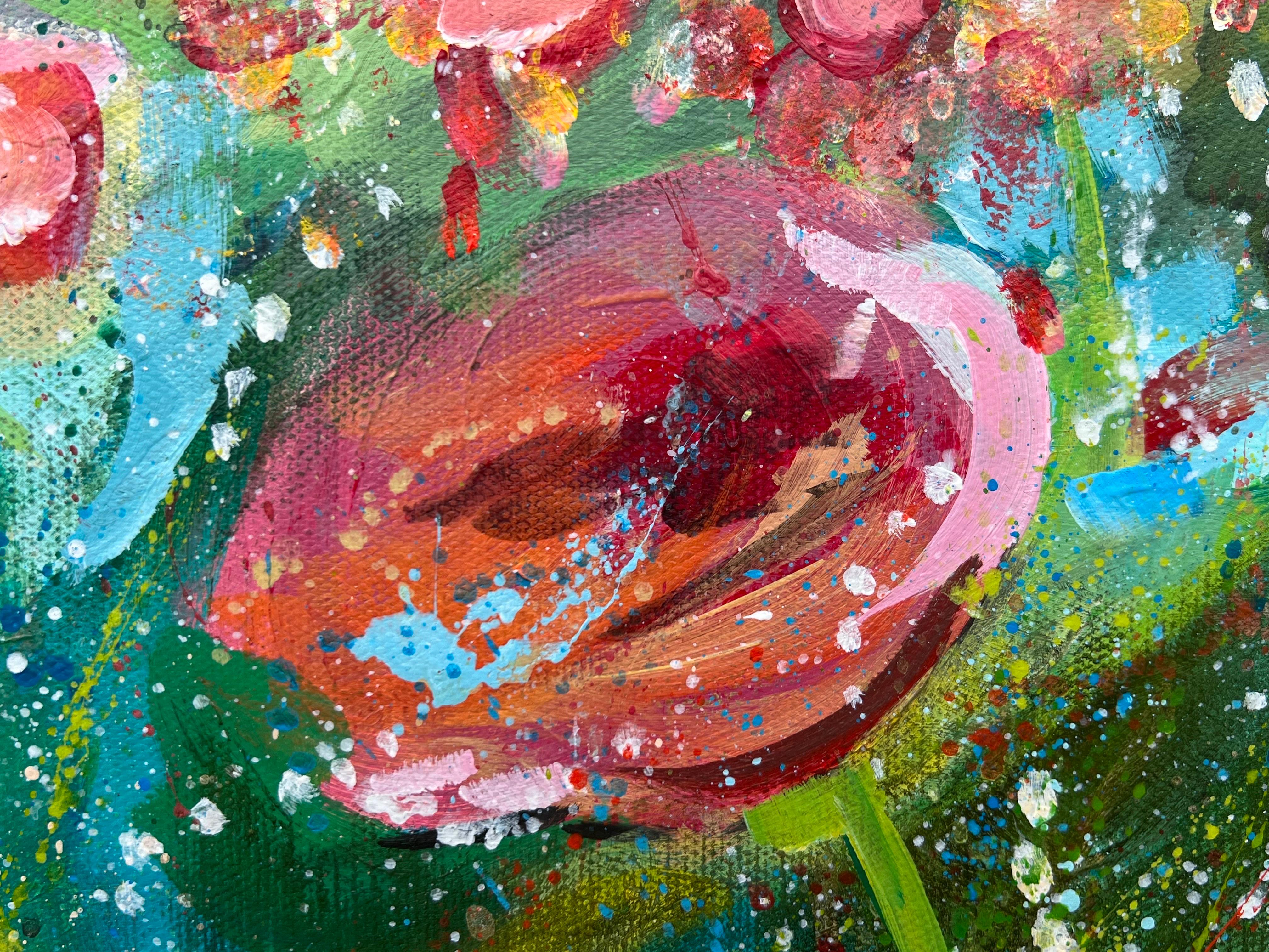 Englische Wiesenlandschaft mit wilden roten Blumen von Contemporary British Artist im Angebot 4