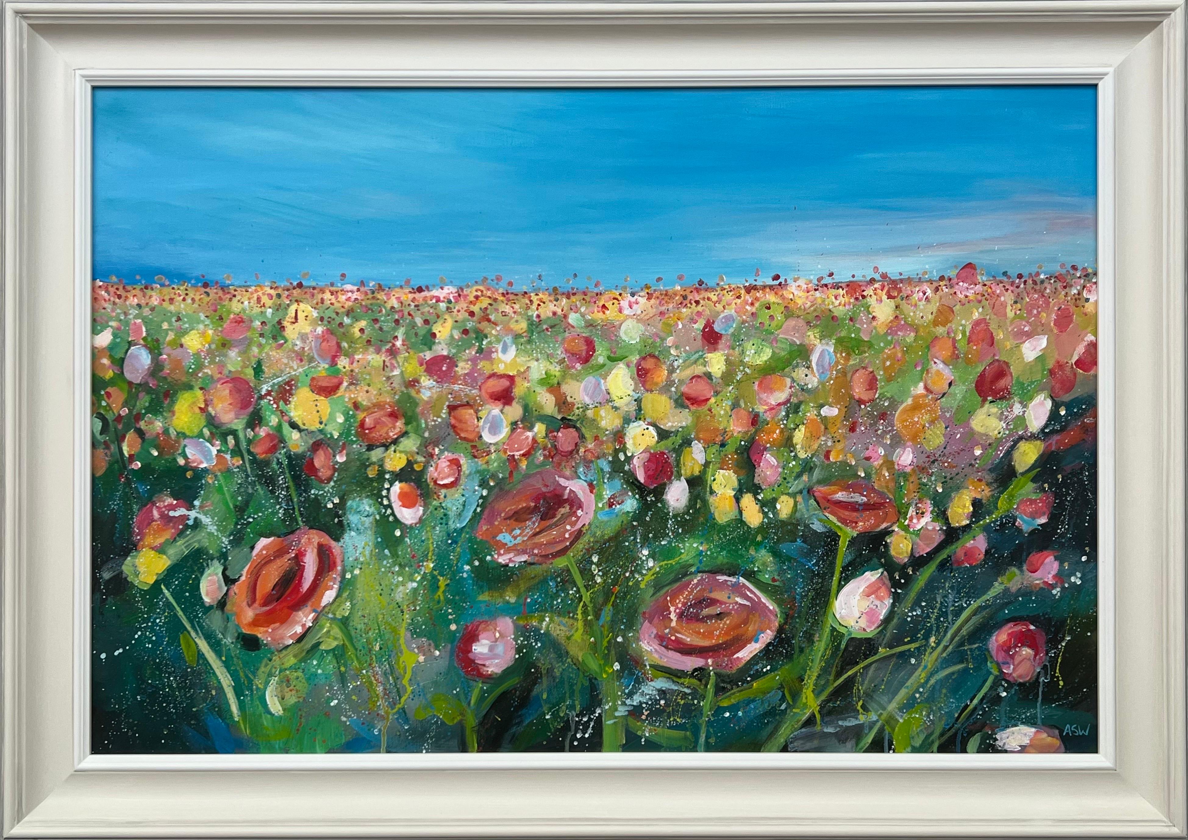 Angela Wakefield Abstract Painting - English Meadow Landscape with Wild Red Flowers by Contemporary British Artist