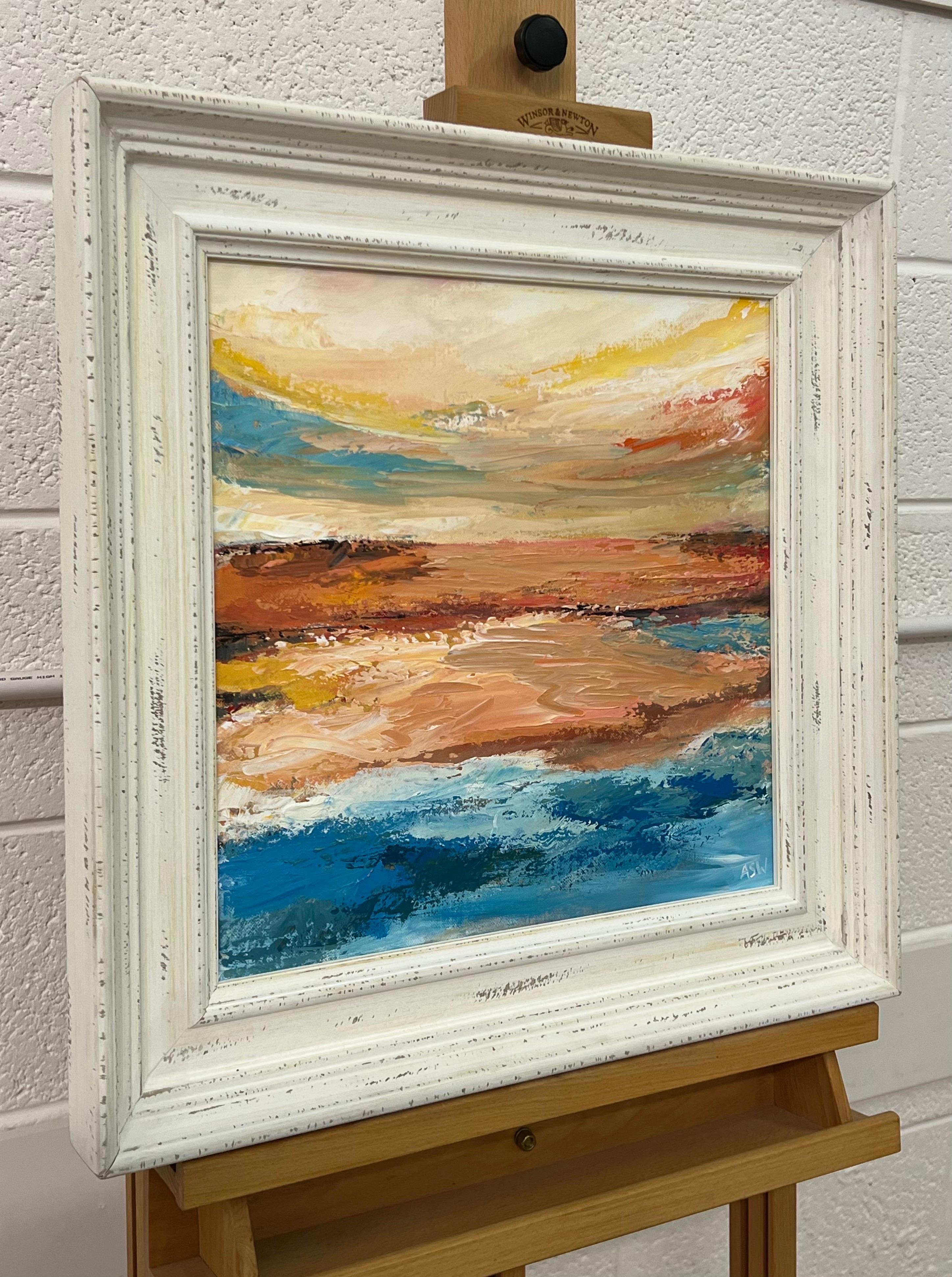 Colourful Expressive Abstract Seascape Landscape Painting with Dramatic Sky by Contemporary British Artist, Angela Wakefield. 
An impasto painting using palette knife and brush, using earthy pastel colours. 

Art measures 16 x 16 inches
Frame