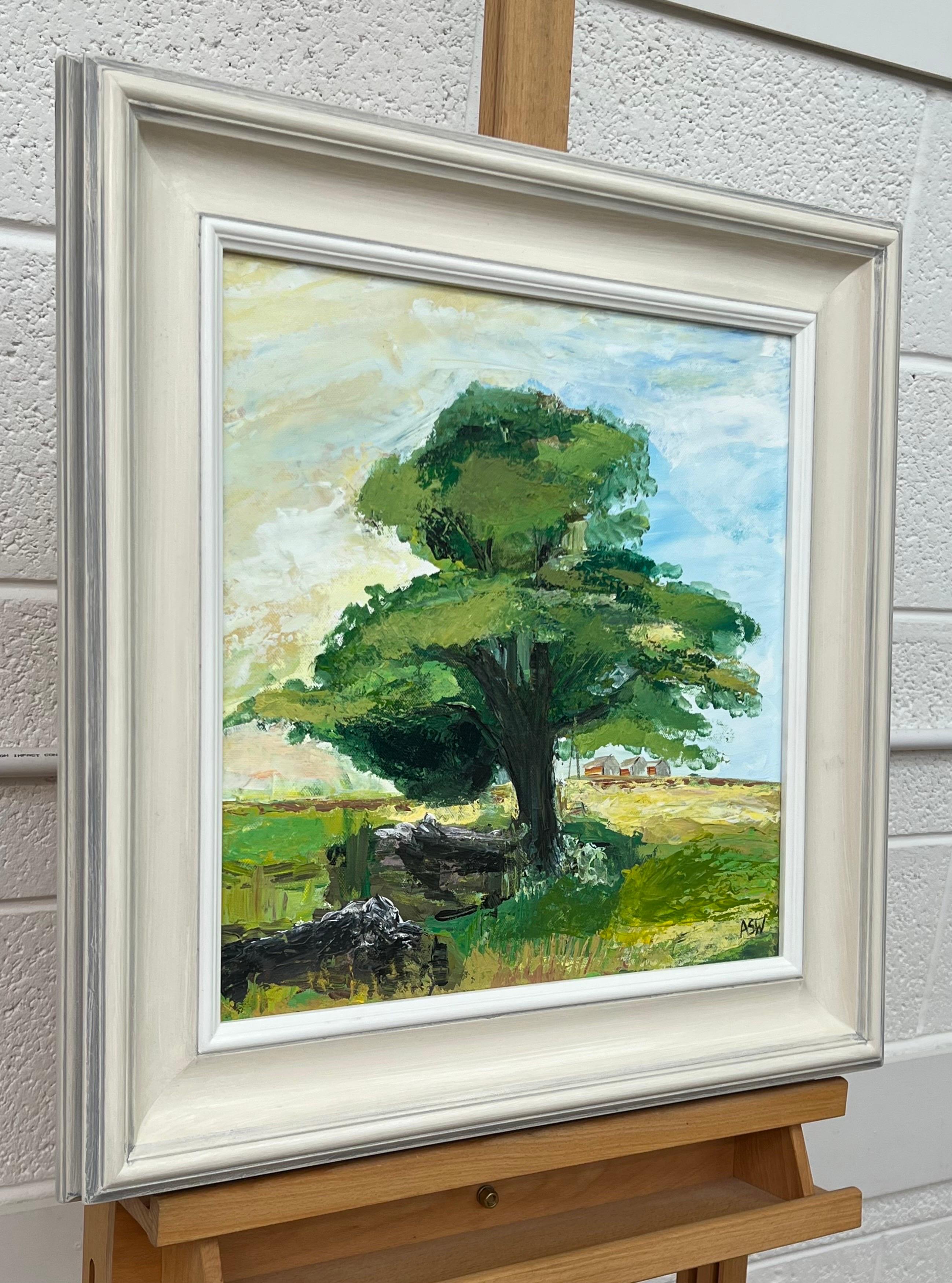 Expressive Impressionistic Impasto Painting of an Oak Tree in the English Countryside by Contemporary British Artist, Angela Wakefield. Framed in the highest quality hand-finished contemporary off-white moulding. 

Art measures 16 x 16 inches
Frame
