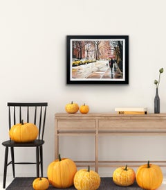 Female Figure in New York City in Fall on Tree Lined Street with Taxi Rank