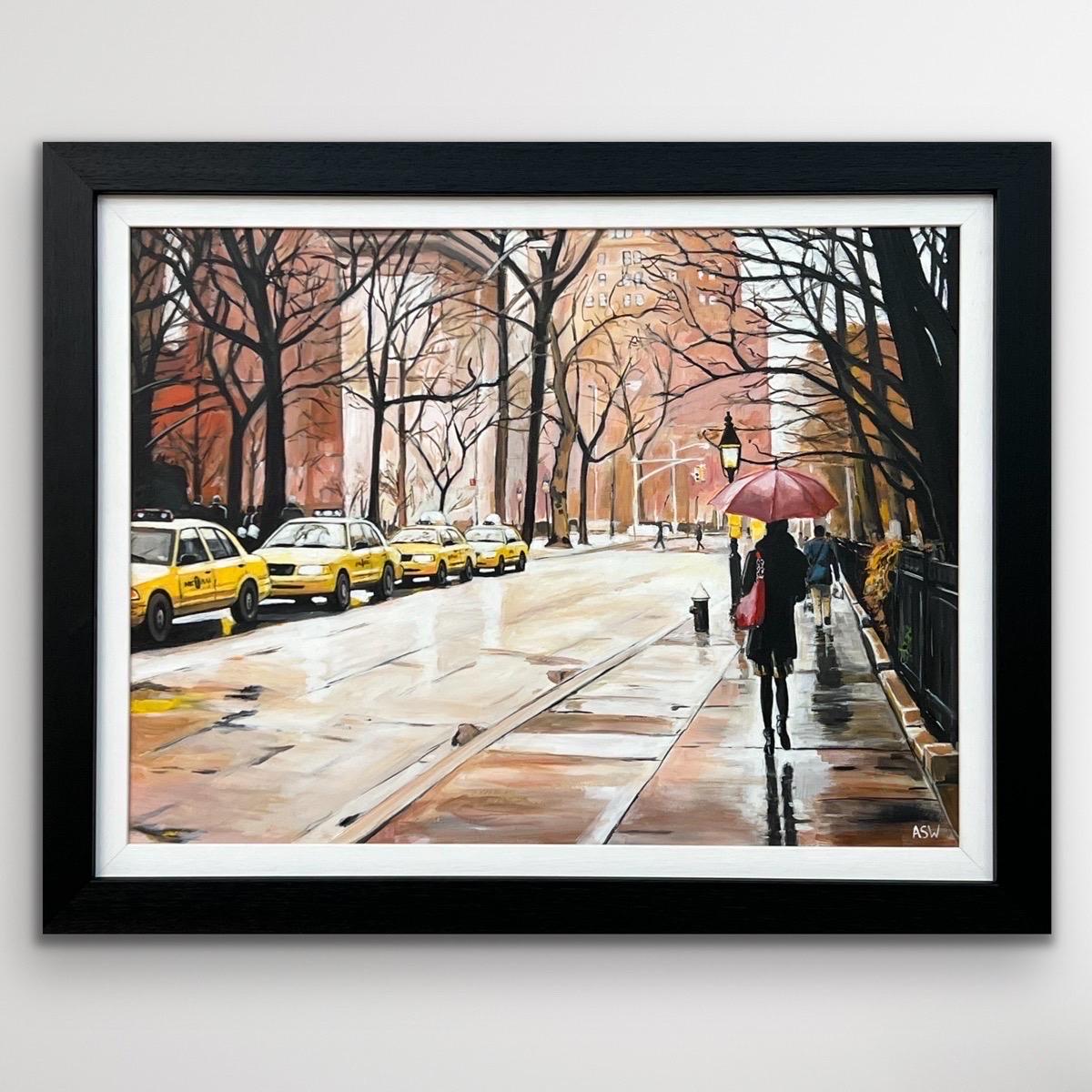 Female Figure in New York City in Fall by British Contemporary Landscape Artist. 

Art measures 24 x 18 inches 
Frame measure 29 x 23 inches 

Wakefield's work is a unique blend of abstraction and realism, with a strong emphasis on colour. Her