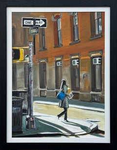 Female Figure in New York City in Fall Sunshine on Sidewalk Street Corner