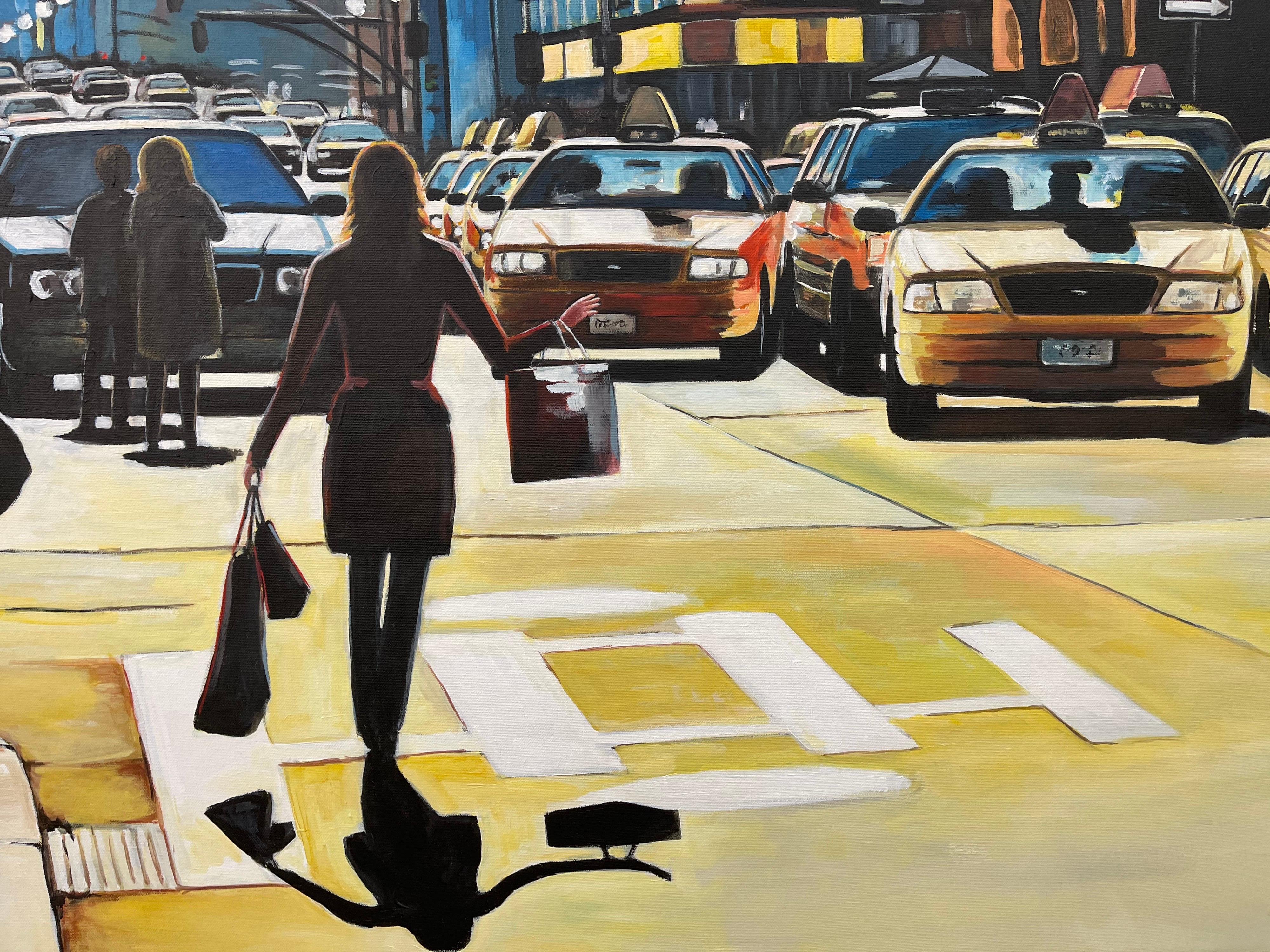 Female Figure Shopping in New York City Sunshine by Contemporary British Artist - Realist Painting by Angela Wakefield