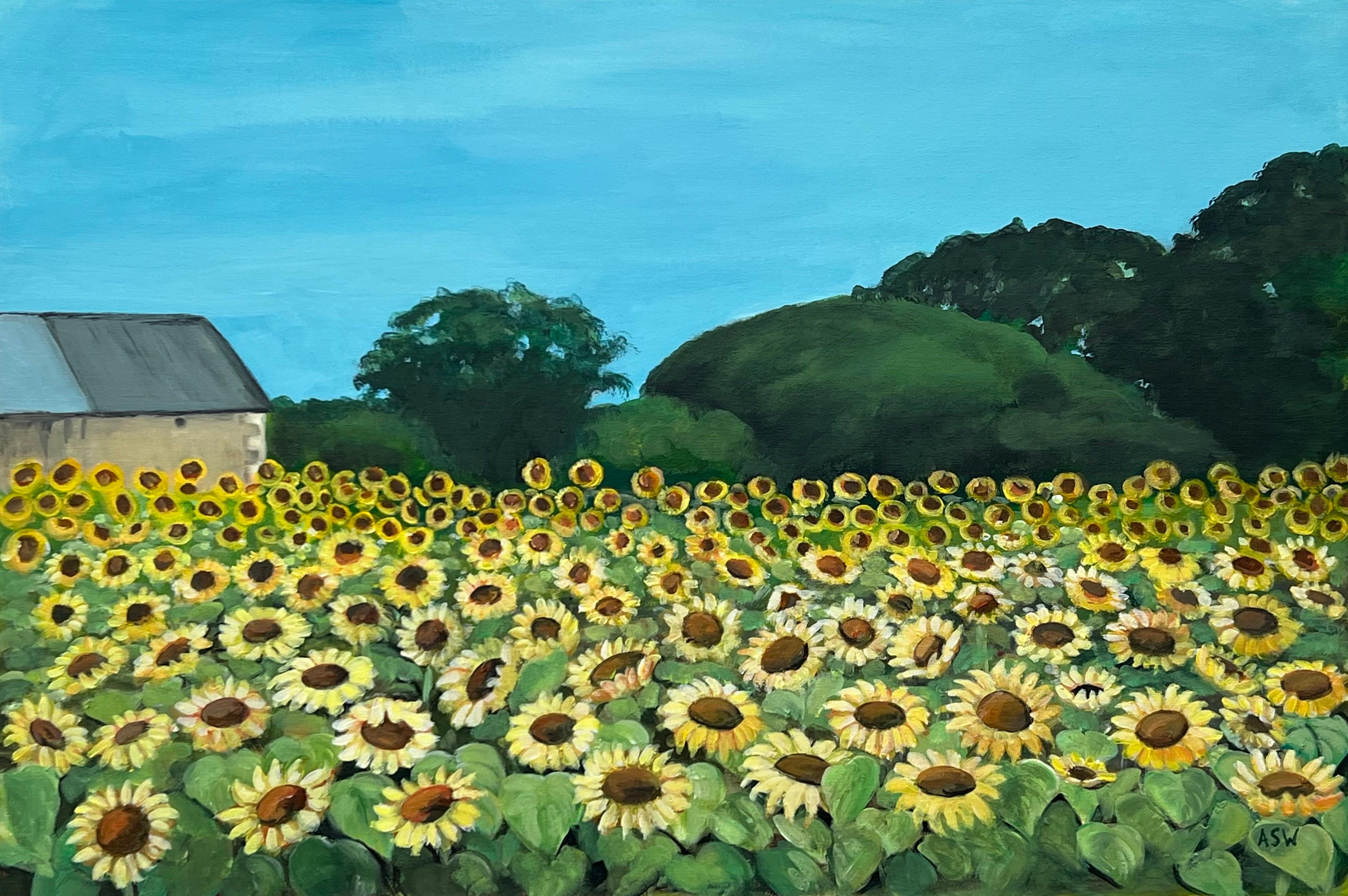 Campo de Girasoles en Verano en Francia II por Artista Británico Contemporáneo - Painting de Angela Wakefield