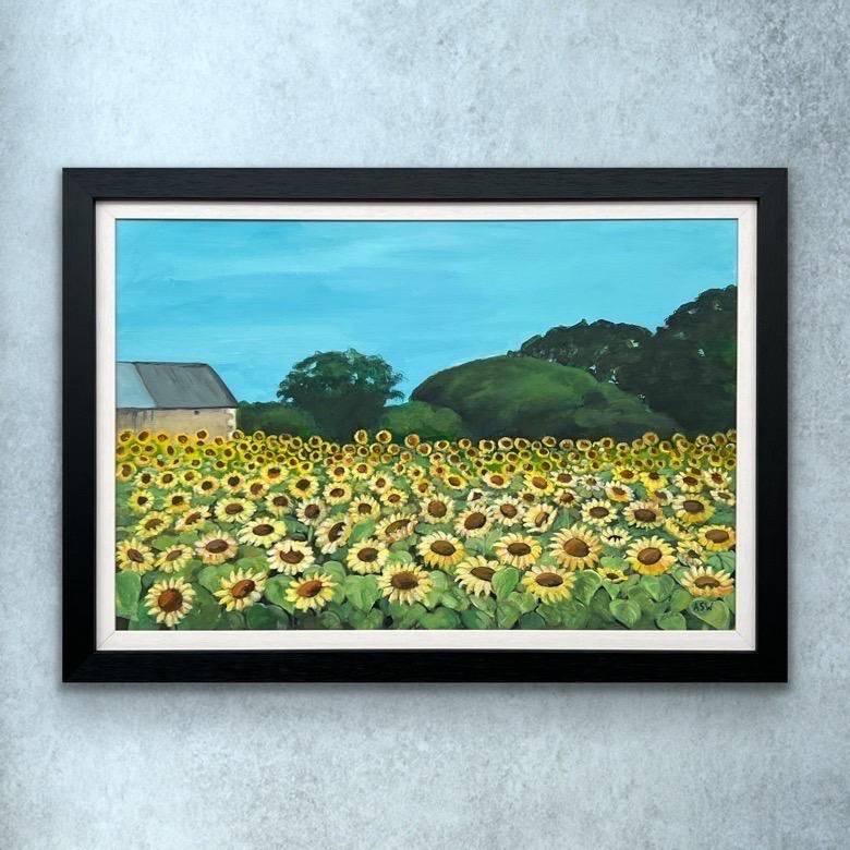 Campo de girasoles en verano en Francia II por la artista británica contemporánea, Angela Wakefield 

Medidas: 30 x 20 pulgadas 
El marco mide 35 x 25 pulgadas 

Este cuadro representa un vibrante y extenso campo de girasoles. Los girasoles,