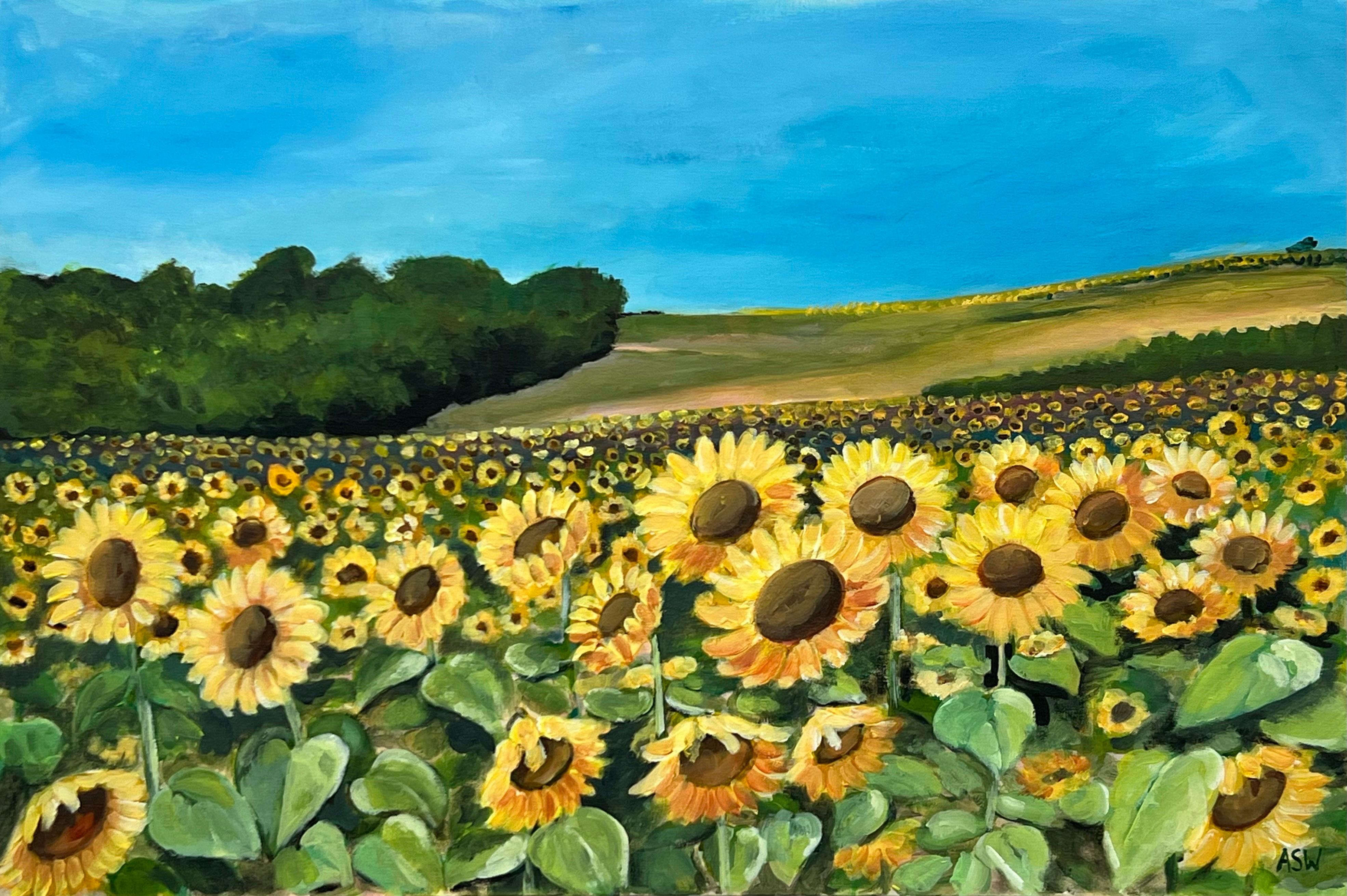 Champ de tournesols en été en France par un artiste britannique contemporain en vente 8