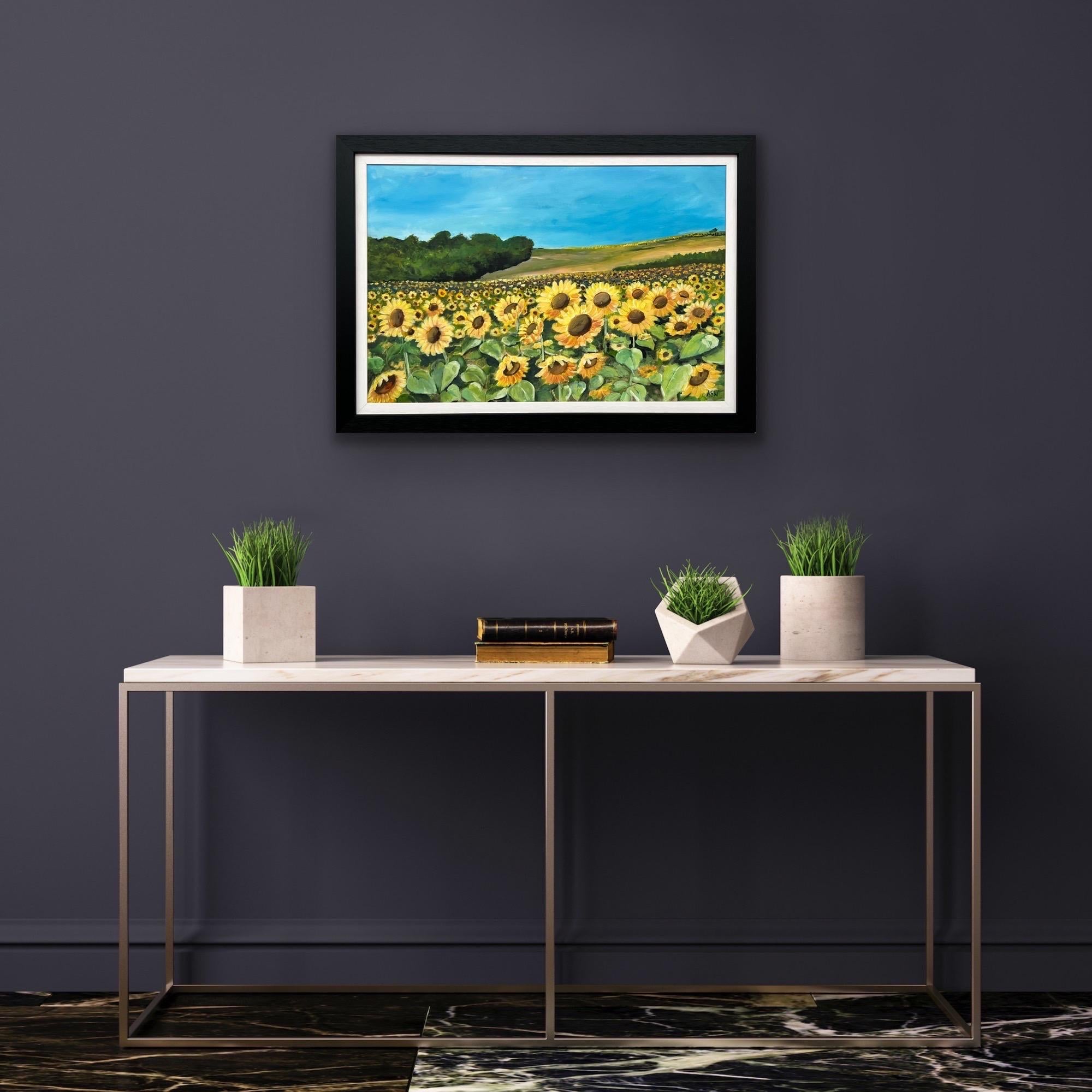 Champ de tournesols en été en France par un artiste britannique contemporain - Contemporain Painting par Angela Wakefield