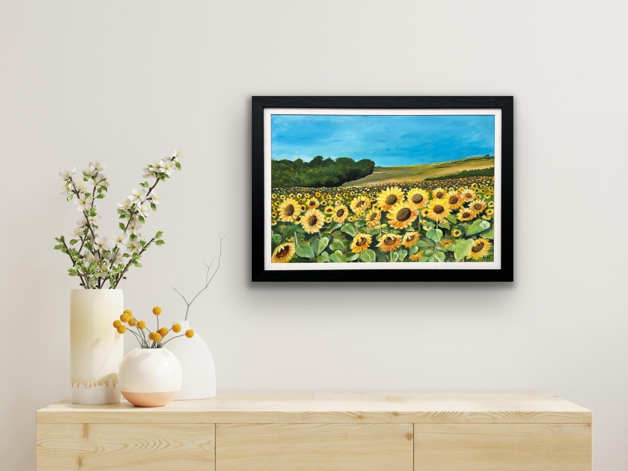 Champ de tournesols en été en France par un artiste britannique contemporain - Noir Still-Life Painting par Angela Wakefield