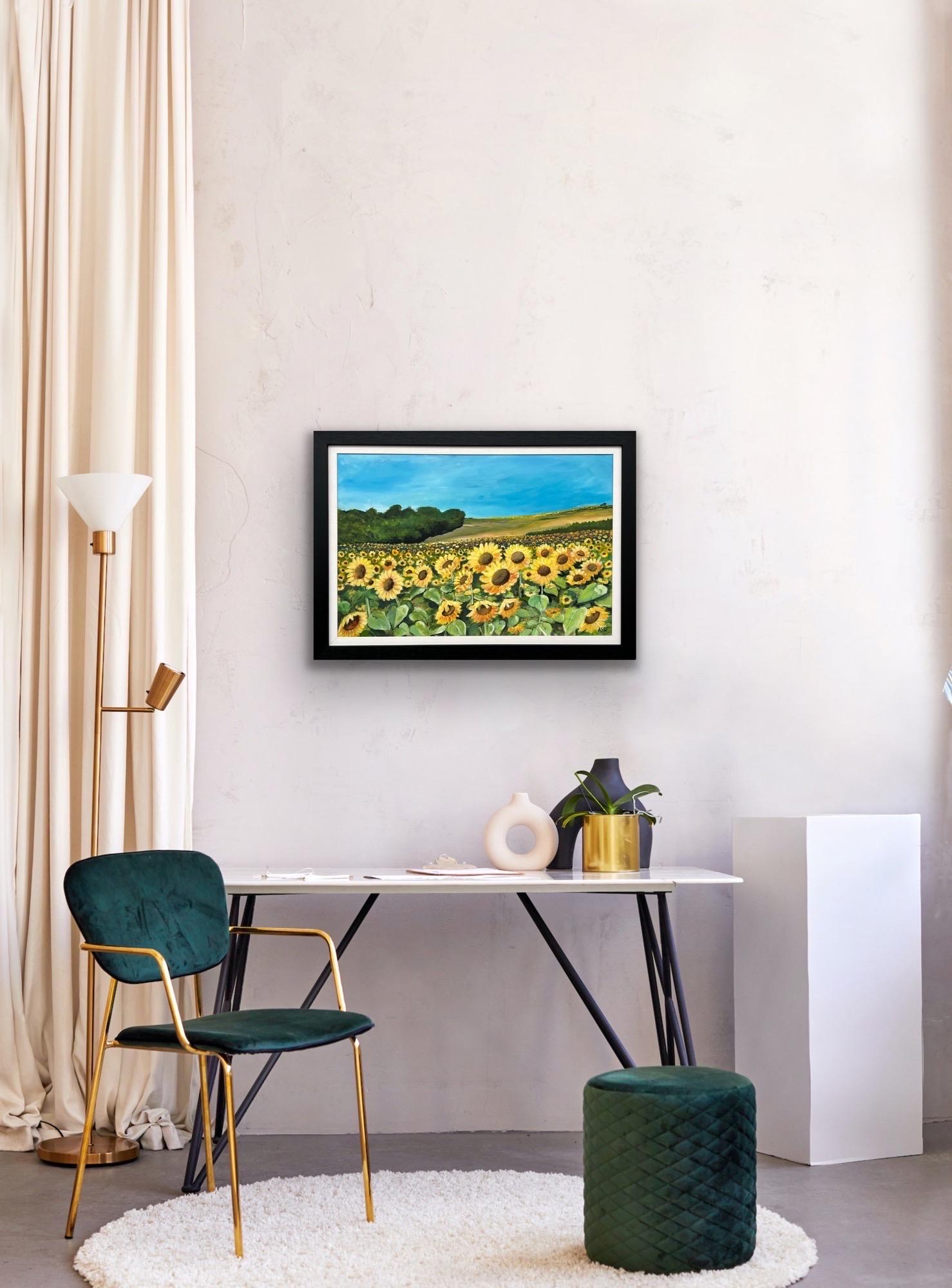 Champ de tournesols en été en France par l'artiste britannique contemporaine Angela Wakefield

L'œuvre d'art mesure 30 x 20 pouces
Le cadre mesure 35 x 25 pouces

Cette peinture représente un champ de tournesols vif et étendu. Le premier plan et le