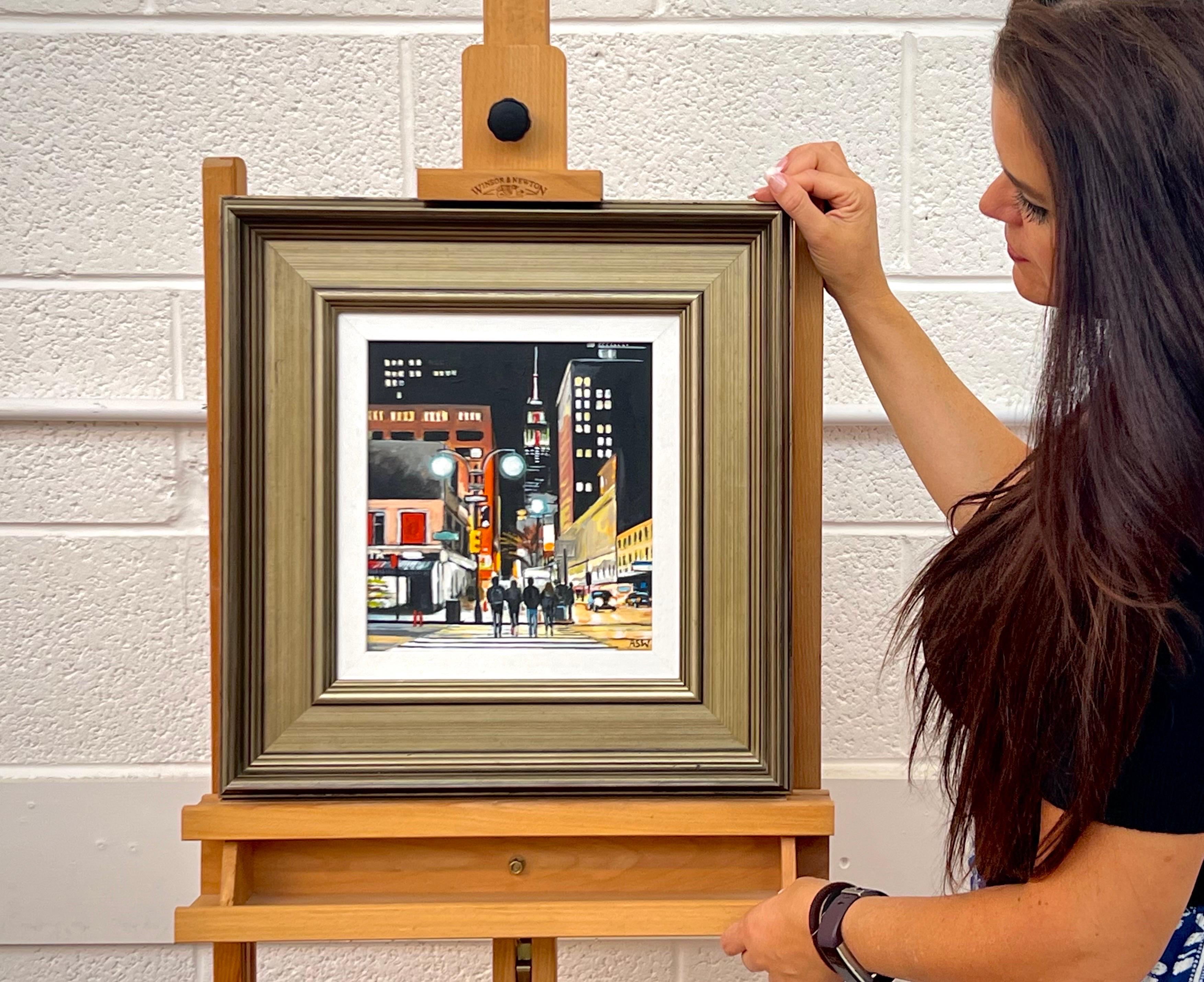 Figures at Empire State Building New York Night by Contemporary British Artist - Painting by Angela Wakefield