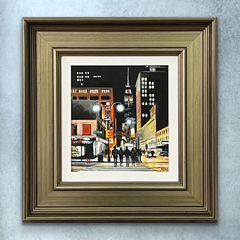 Figures at Empire State Building New York Night by Contemporary British Artist For Sale 1